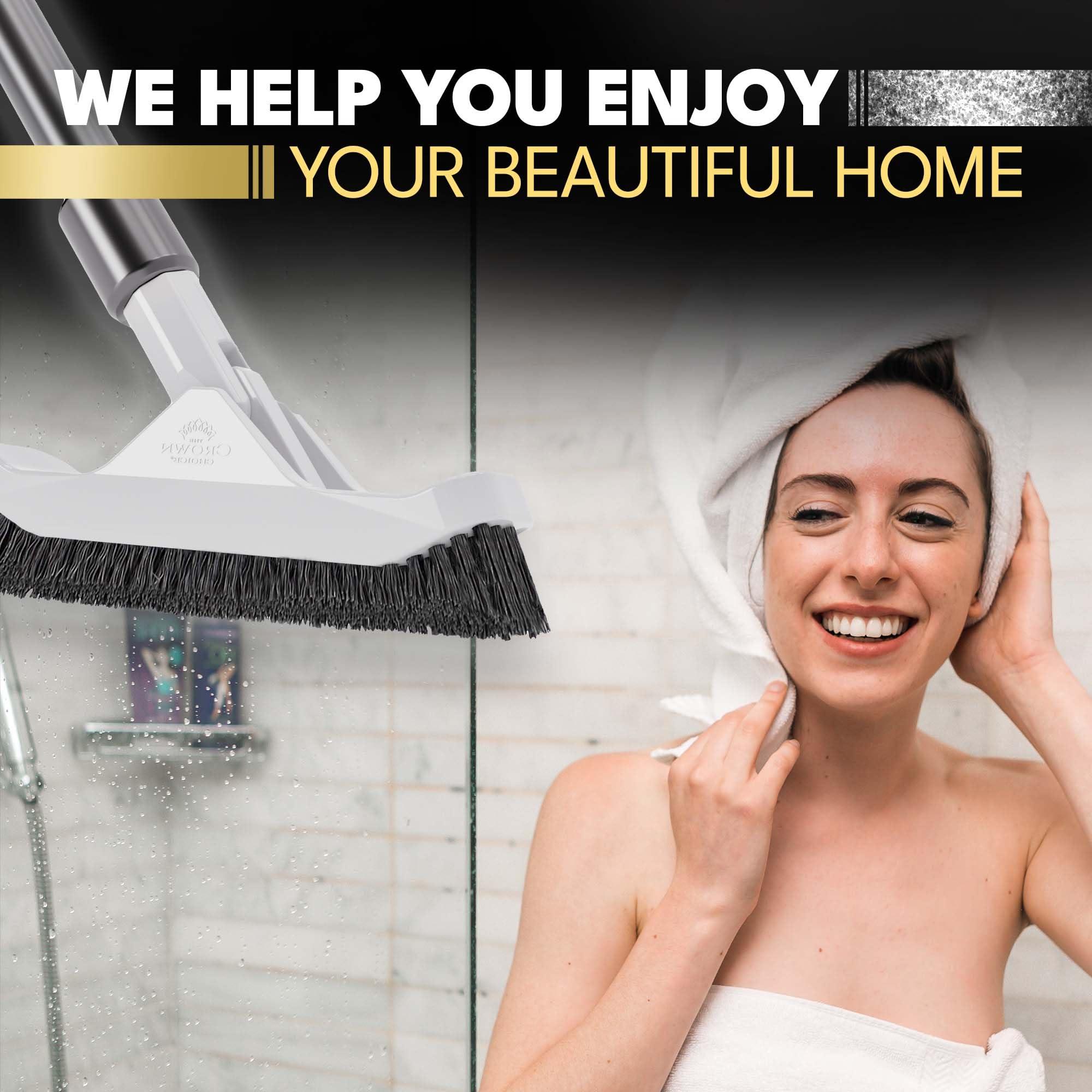 The Crown Choice Grout Brush with Long Handle - Heavy Duty Cleaner & Grout Scrubber Tool - Deep Cleaning Hard Wood, Tile, Floors - Handled Bathtub and Shower Scrub - Cleaning Brushes and Supplies for Bathroom Kitchen
