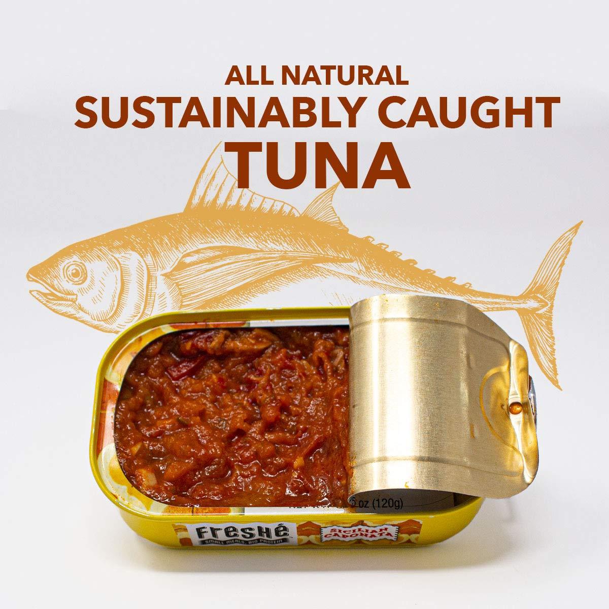 Freshé Fresh Gourmet Canned Tuna (Sicilian Caponata, 10 pack of 4.25 oz. tin) Freshly Packaged Skipjack Tuna Fish - Sustainably Caught - Perfect Gluten Free, High Protein Backpacking Food