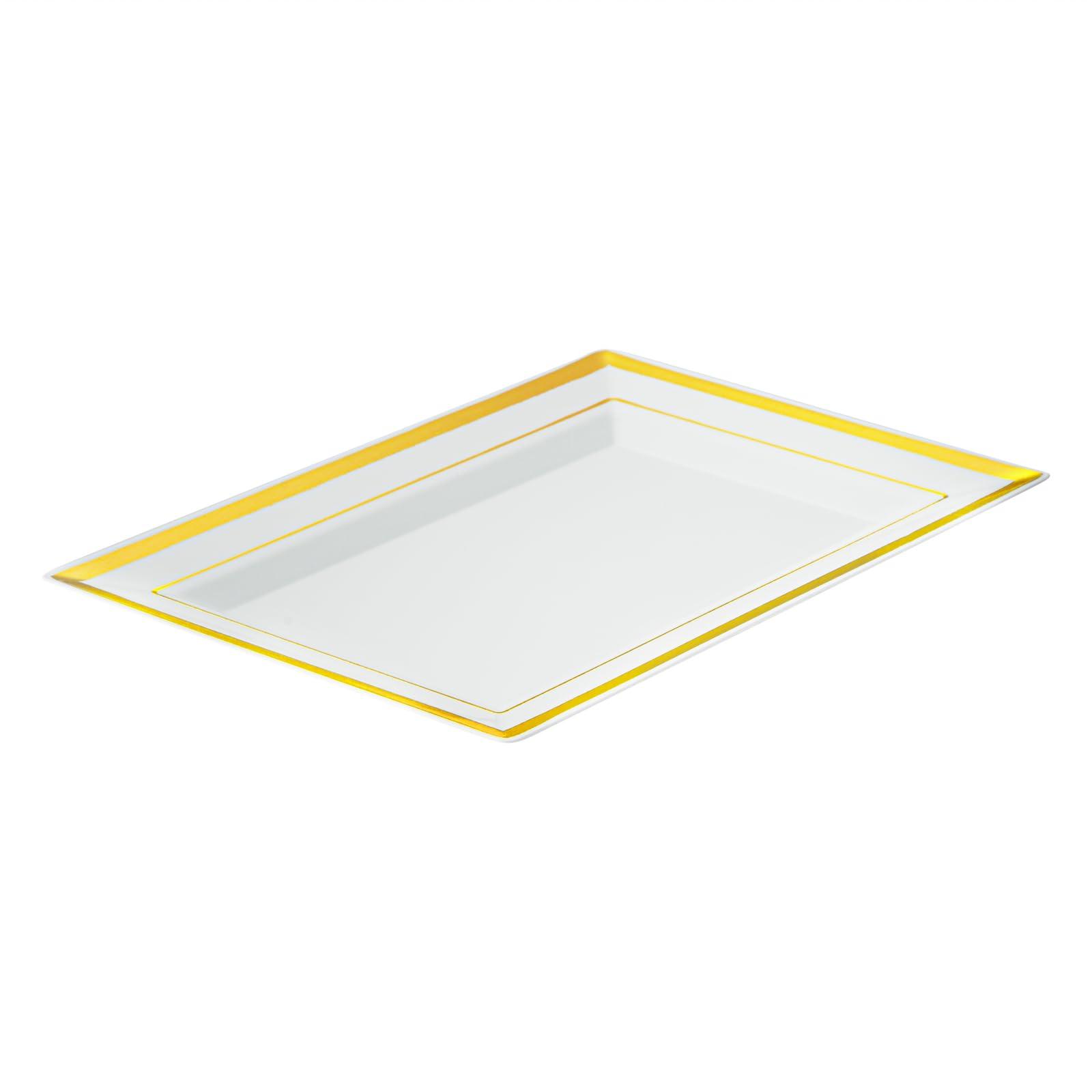 Restaurantware Restaurantware Moderna 7.5 x 5.3 Inch Premium Disposable Plates 10 Rectangular Plastic Plates For Parties - Gold-Rimmed Durable White Plastic Dinner Plates For Warm And Cold Foods