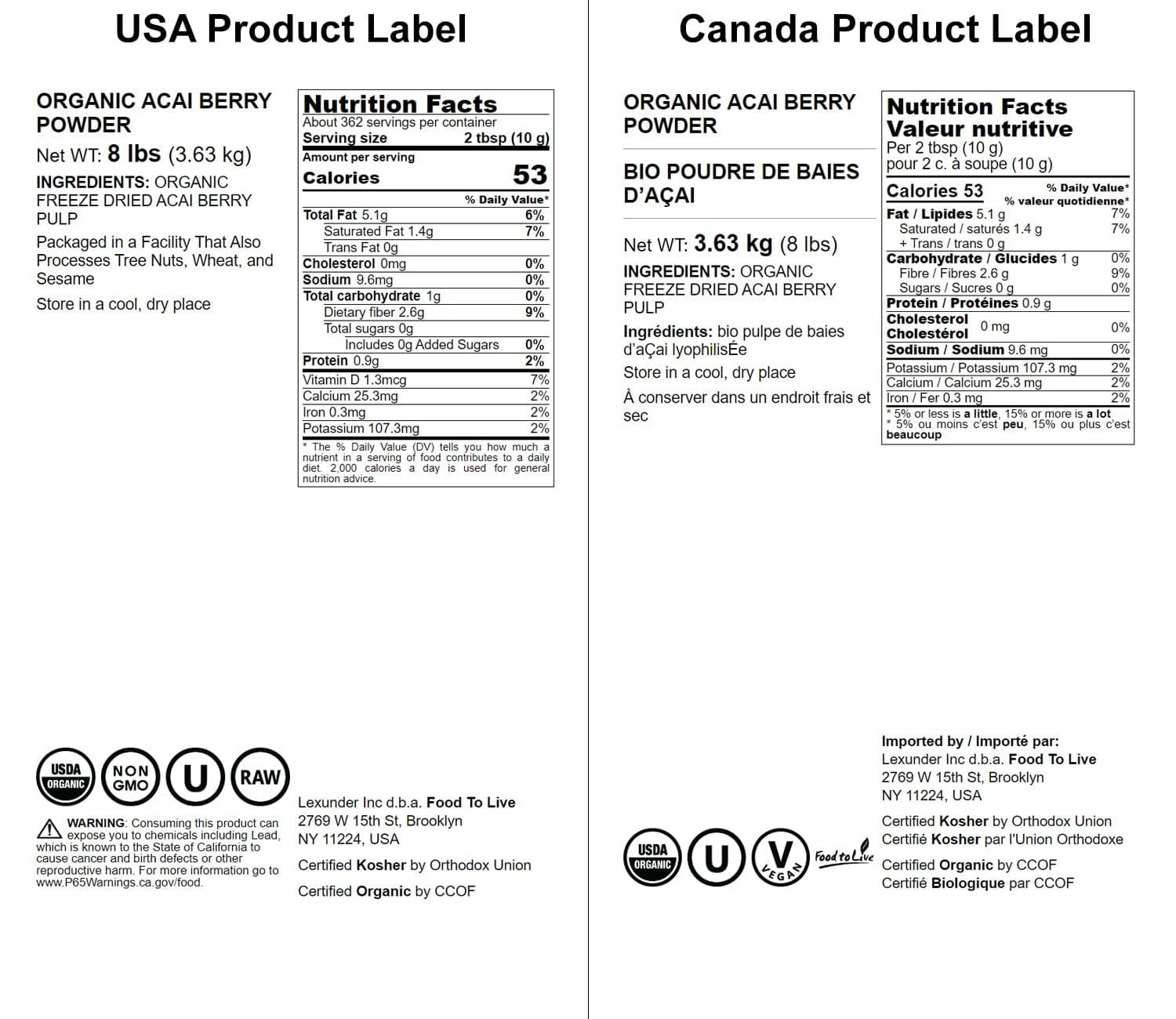 Food to Live Food to Live Organic Acai Berry Powder, 8 Pounds Non-GMO, Kosher, Raw, Vegan, Freeze-Dried, Unsweetened, Unsulfured, Bulk