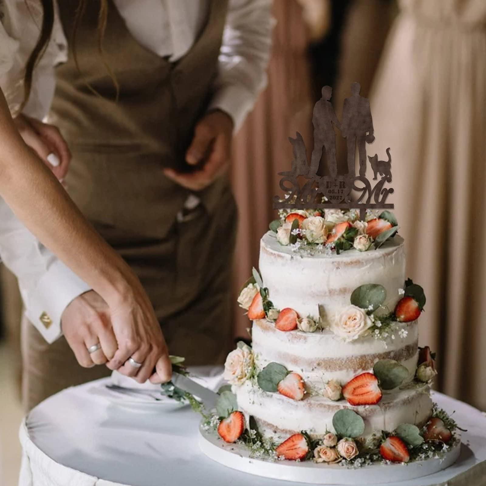 Mighun LGBTQ Wedding Cake Topper - Two Grooms - Gay Couple Standing with Dog Cake Topper Wedding/Aniversary /Engagement Gifts,Rustic Wood