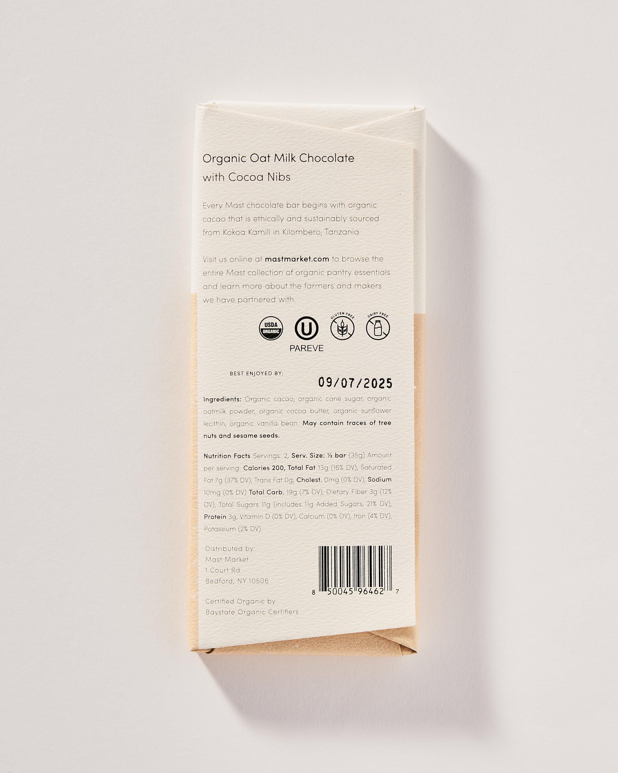 MAST Mast Chocolate Bars | 6 pack | Organic, Kosher | Classic 2.5oz each (6 Bars, Organic Oat Milk Chocolate with Cocoa Nibs)