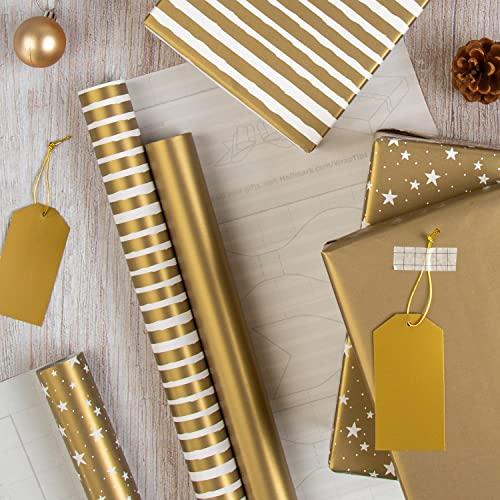 Hallmark Hallmark Gold Christmas Wrapping Paper and Gift Tag Bundle - 3 Rolls of Paper in 3 Designs With 2 Packs of 10 Plain Gold Gift Tags