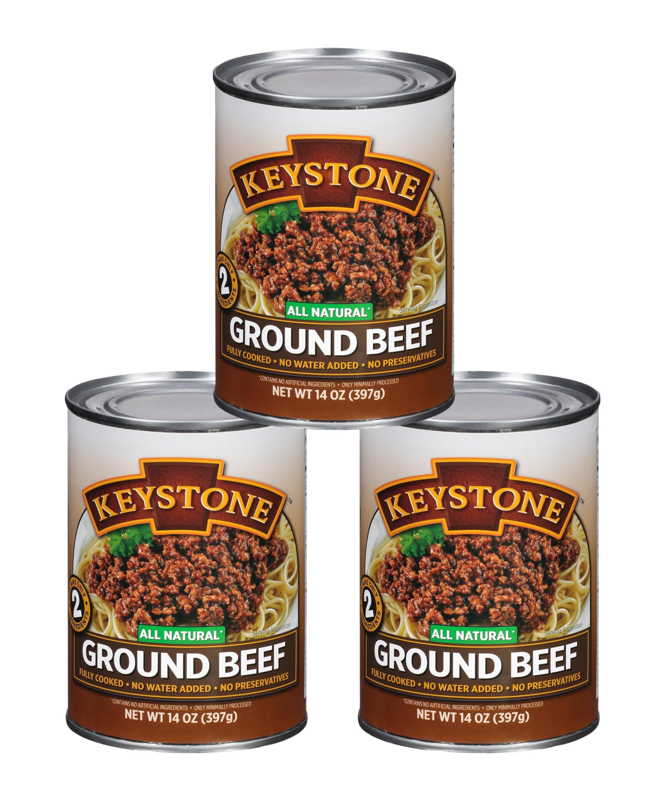 Keystone Meats Keystone All Natural Ground Beef 14 Ounce Long Term Emergency Survival Food Canned Meat | Fully Cooked Ready to Eat | Gluten Free Family Pack of 3
