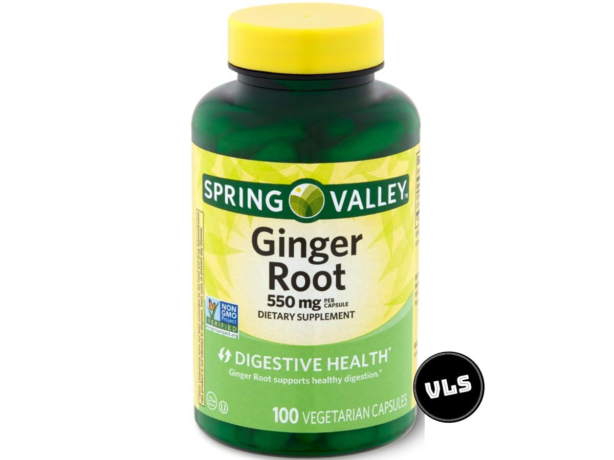 Generic Spring Valley Ginger Root, 550 mg, Ginger Root Dietary Supplement, Ginger Root Capsules, Ginger Root, 100 Count + VLS Sticker Included