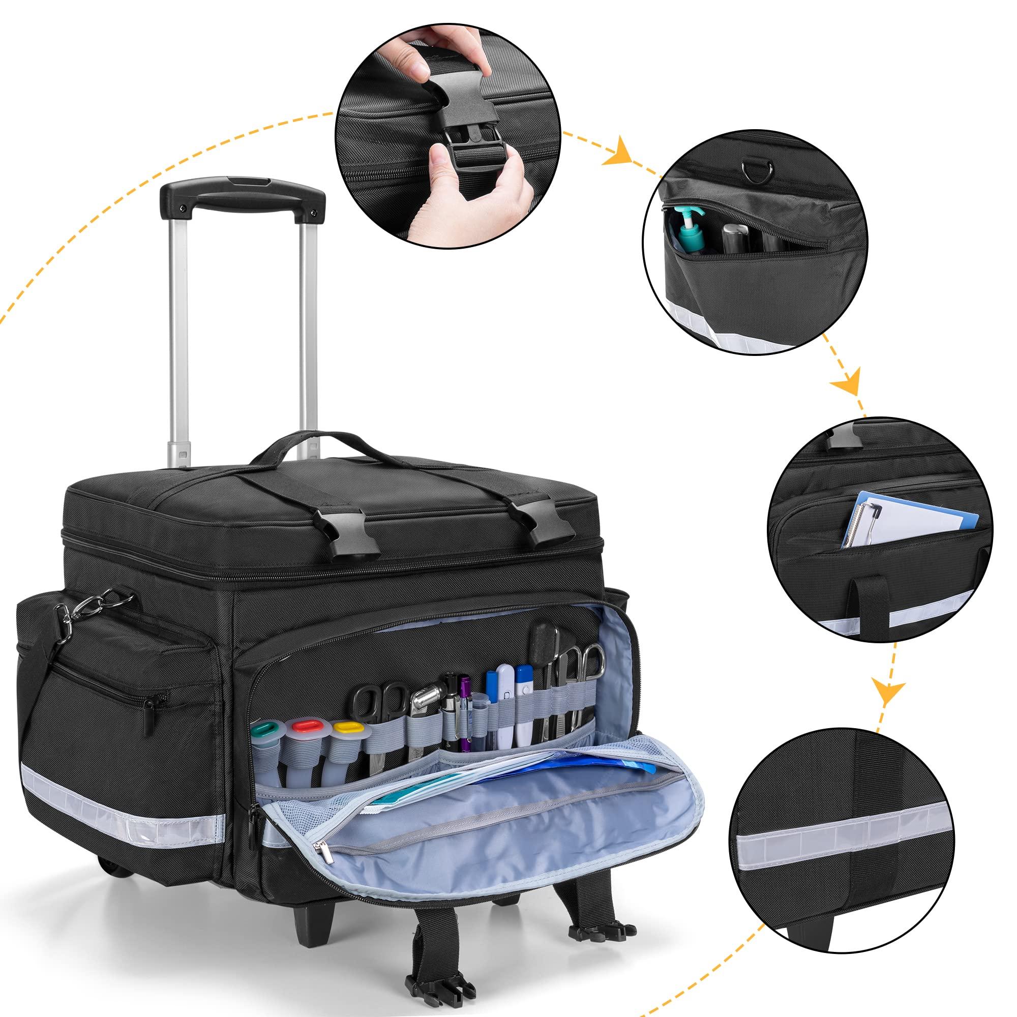 Damero Damero Rolling Medical Bag with Detachable Trolley, Medical Equipment Bag with Removable Pouches and Dividers, First Aid Responder Bag Empty for Home Health Nurses, Doctors, EMT, EMS, Black