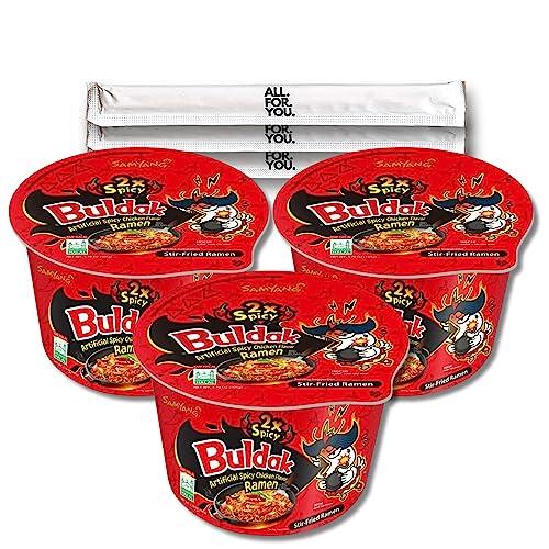 ALL.FOR.YOU. Buldak Ramen Noodles - 2X Spicy Flavor - Big Bowl 3 Pack - Spicy Ramen Noodles Samyang Buldak Ramen Korean Spicy Hot Chicken Stir-Fried Noodles Big Bowl Bundle with 3 ALL.FOR.YOU. Branded Chopsticks