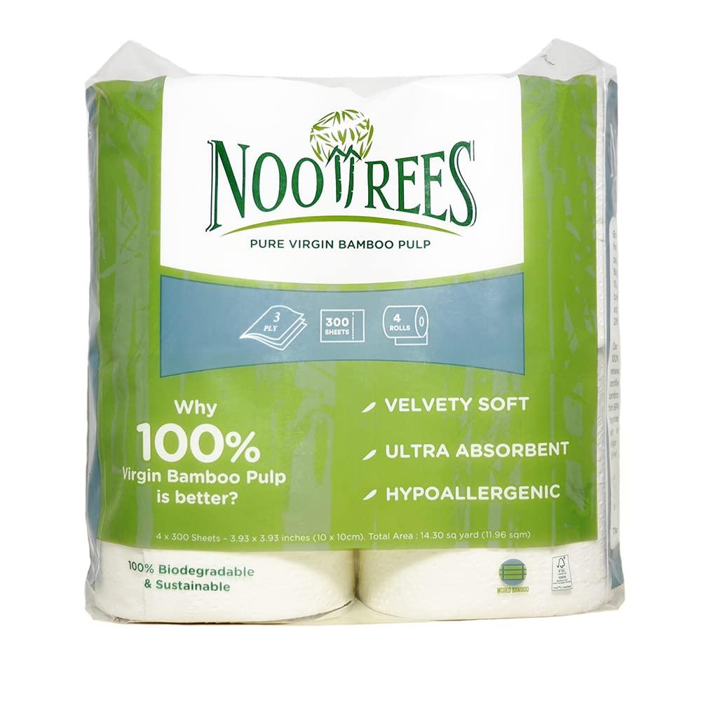 NooTrees NooTrees Bamboo 3-ply Bathroom Tissue, 300 Sheets, 4 Rolls, Ecofriendly, 100 Percent Biodegradable & Sustainable, Hypoallergenic, Ultra Absorbent, Velvety Soft, Pack of 12, Total of 48 Bathroom Rolls
