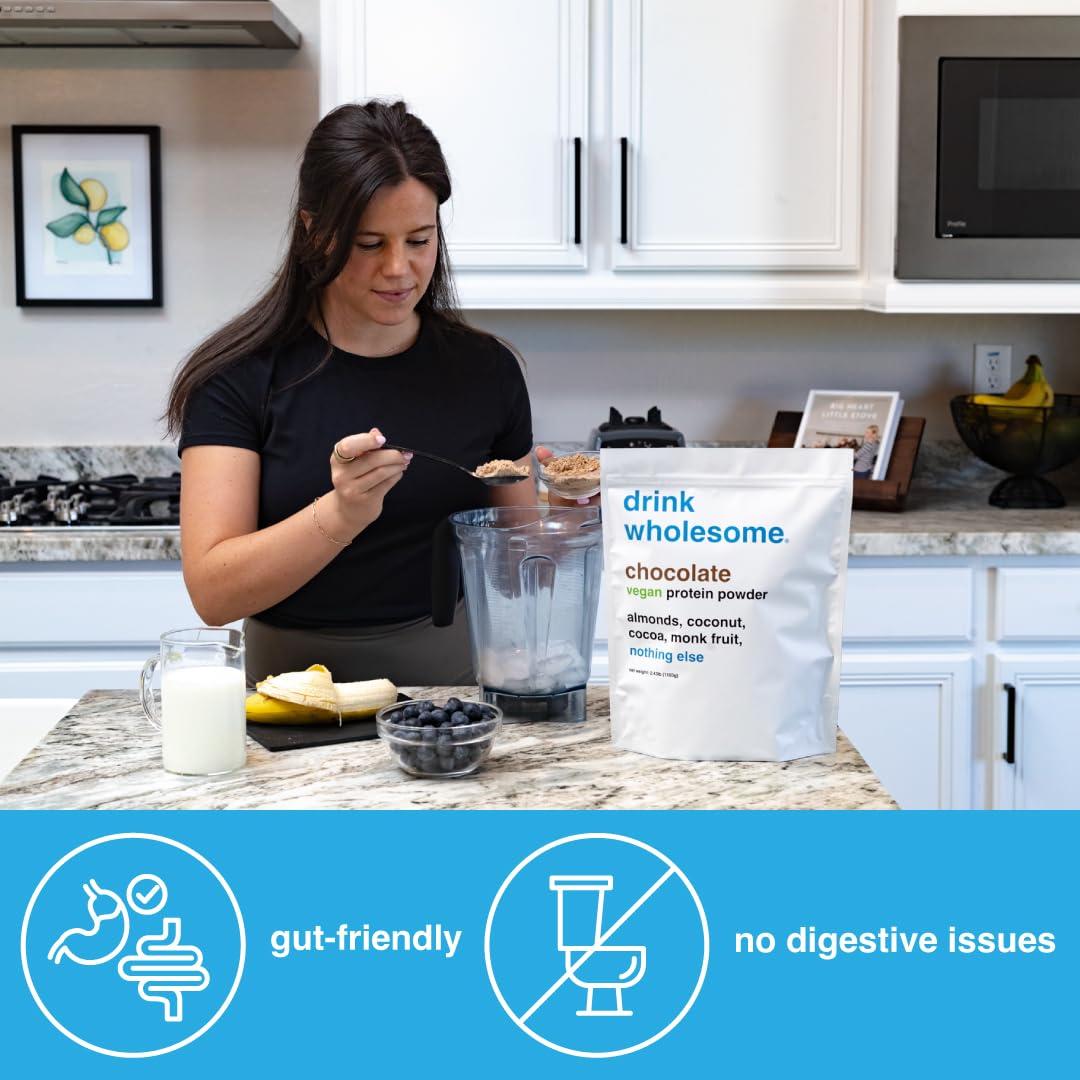 drink wholesome drink wholesome Vegan Chocolate Almond Protein Powder | for Sensitive Stomachs | Gut Friendly | No Artificial Sweeteners | No Stevia | Low Sodium | Paleo | Safe for Kids & Seniors