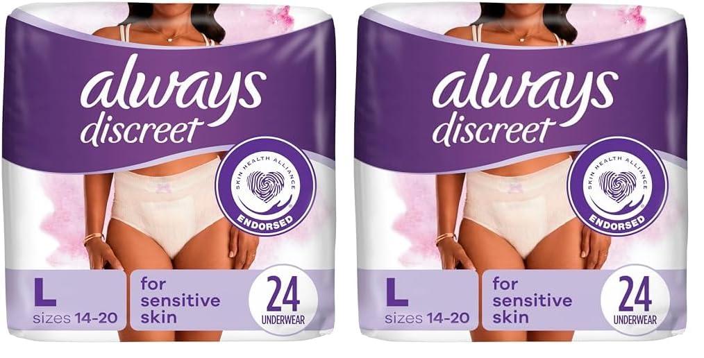 Always Discreet Always Discreet Sensitive, Incontinence & Postpartum Underwear for Women, Maximum Plus Protection, Large, 24 Count (Pack of 2)