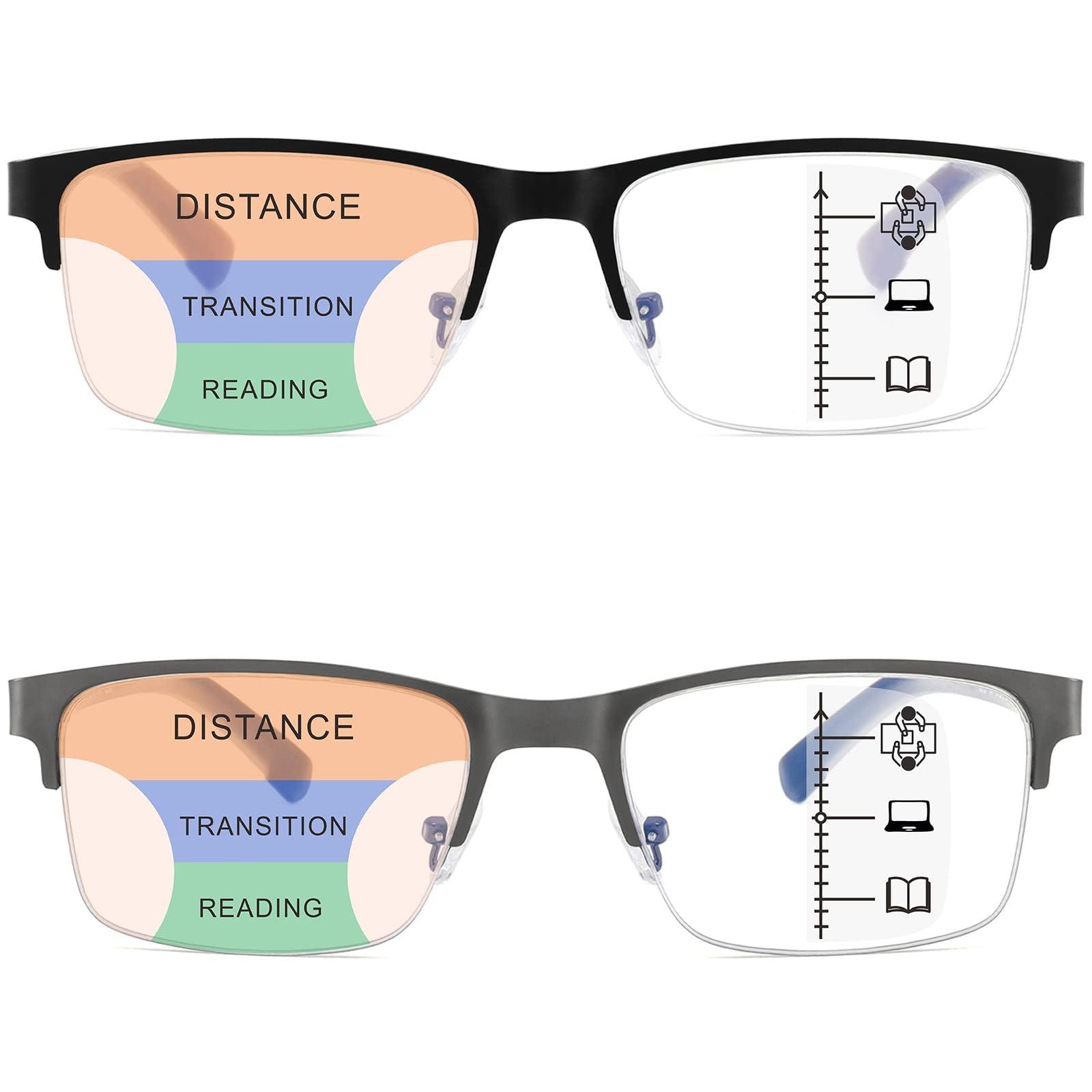 JCUANGR Bifocal Reading Glasses for Men, No Line Bifocals Progressive MultiFocus Readers, Wide Clear Top Transition Non Prescription Multifocal Eyeglasses,Large Anti Blue Light Multi focals Half Frame +1.0