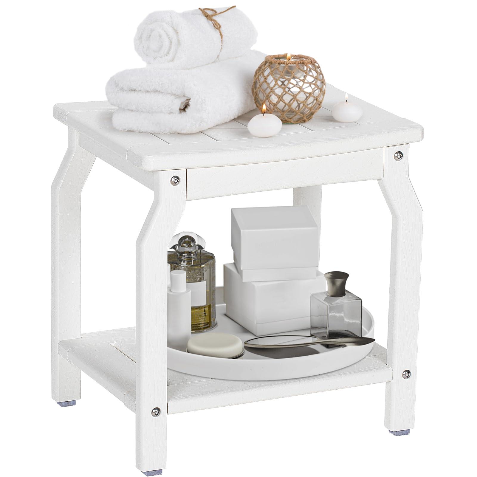 LOENIY LOENIY 2-Tier HDPE Shower Bench with Non-Slip Foot Pads, Wood-Like Spa Shower Stool for Inside Shower, Ergonomic Water-Proof Bathroom Bench Seat with Storage Shelf, for Seniors & Adults (White)