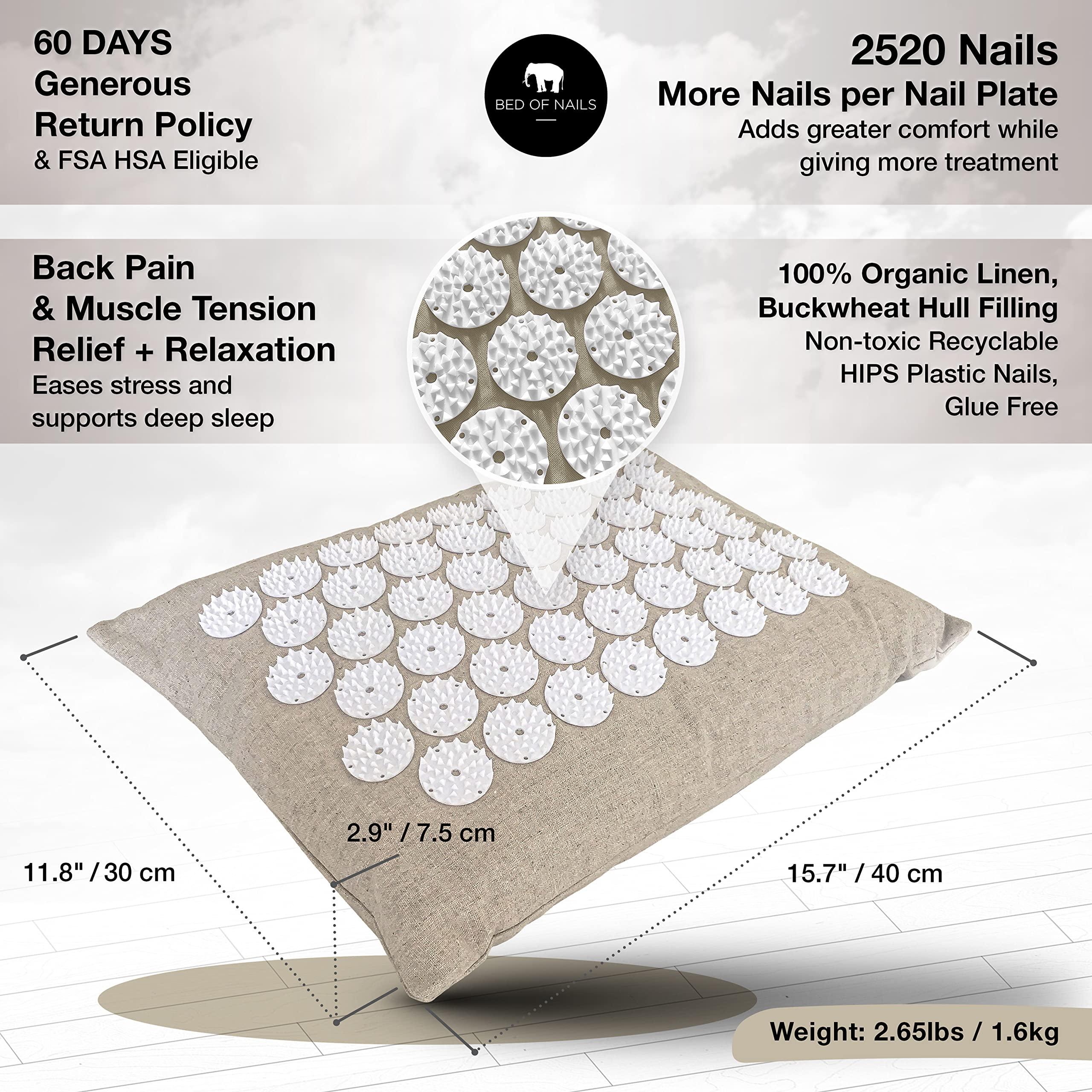 Bed of Nails BED OF NAILS The Comfortable ECO Acupressure Mat Cushion Massage Set - Neck and Back Pain Relief, Acupuncture Mat and Pillow Set for Increased Energy & Relaxation, Linen Tote Bag, FSA/HSA Eligible