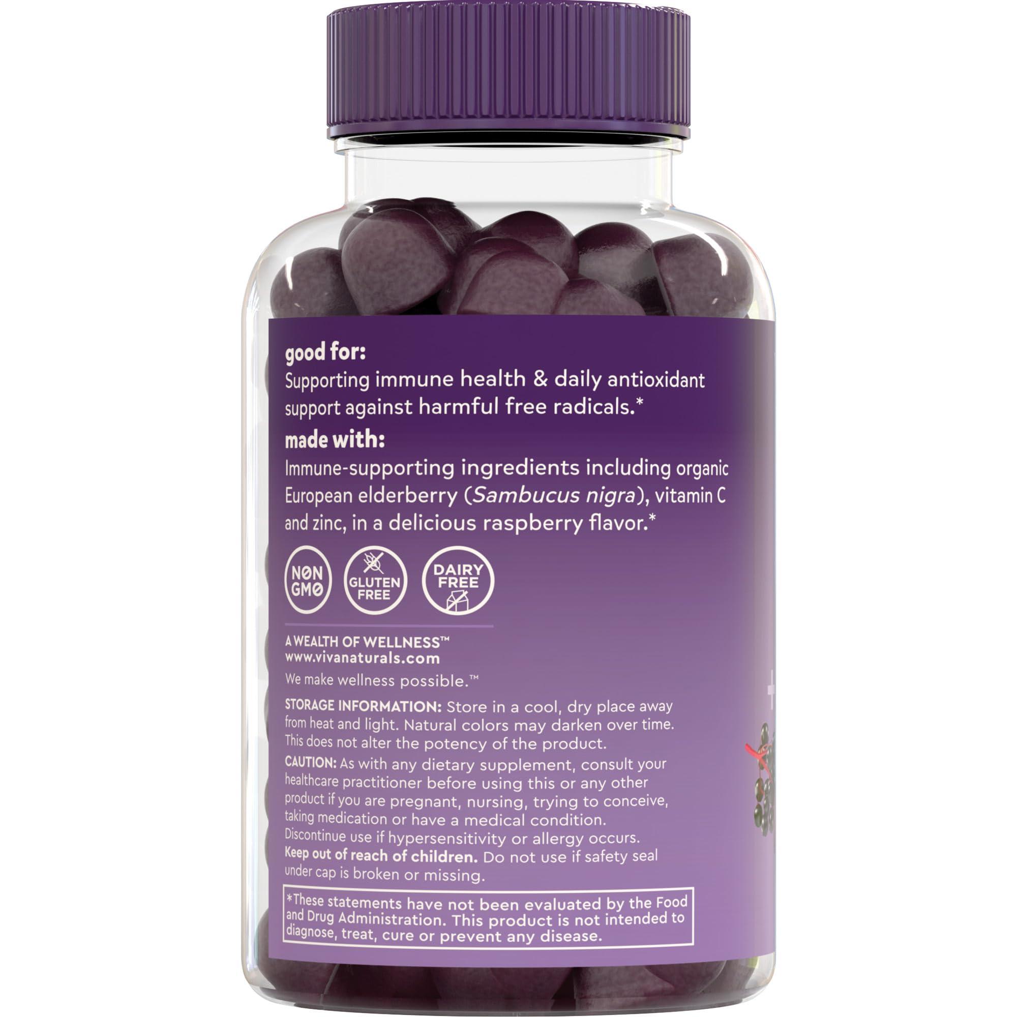 Viva Naturals Organic Sambucus Elderberry Gummies with Zinc and Vitamin C (120 Count) - 3 in 1 Black Elderberry Gummies for Adults Immune Support, Chewable Elderberry Supplements, Immunity Gummies