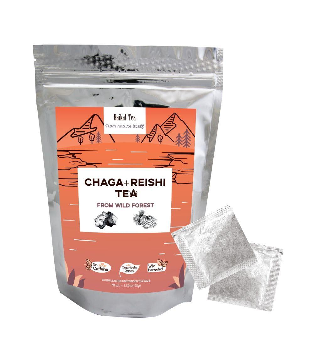 Baikal Tea Baikal Tea Chaga Reishi Tea Wild Chaga Tea with Reishi - 30 Unbleached Tea Bags - Ganoderma Lingzhi Mushroom Supplement Tea with Wild Chaga