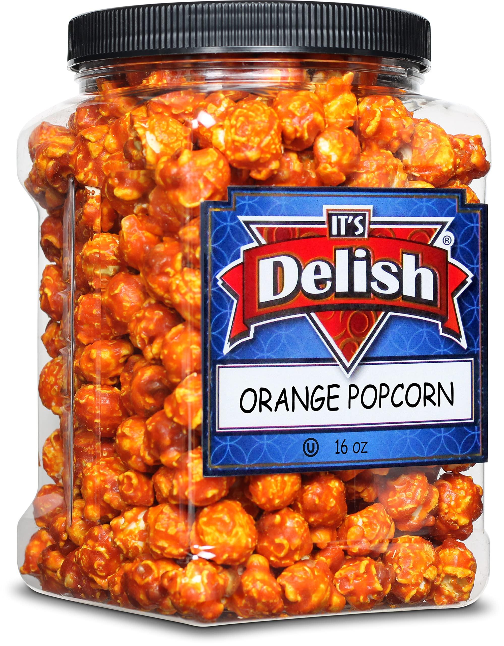 It's Delish Gourmet Orange Flavored Popcorn by It's Delish, 16 Oz Jumbo Container | Bulk Air Popped Pop Corn Snack - Fruity Orange Themed Candy Confetti – Gluten Free, Vegan, Kosher, 1 Count