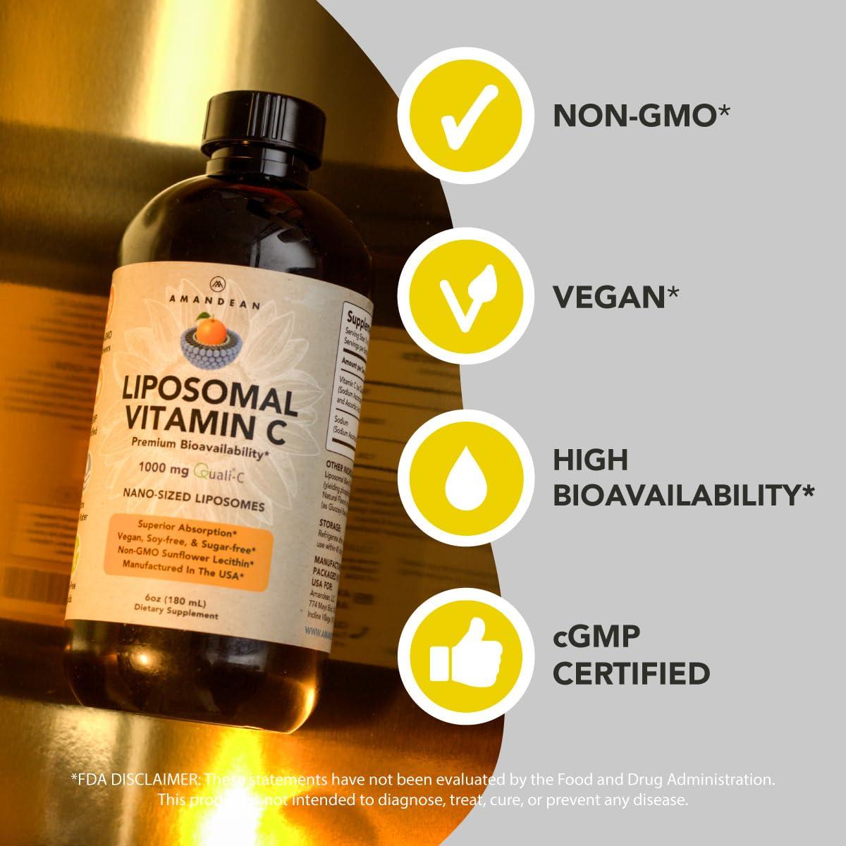 AMANDEAN AMANDEAN Premium Liposomal Vitamin C & Bovine Collagen Peptides Bundle. Powerful Antioxidant. Liquid Quali-C. Grass-Fed Collagen. Hydrolyzed Type 1 & 3. Immune Support. Healthy Skin, Hair & Nails