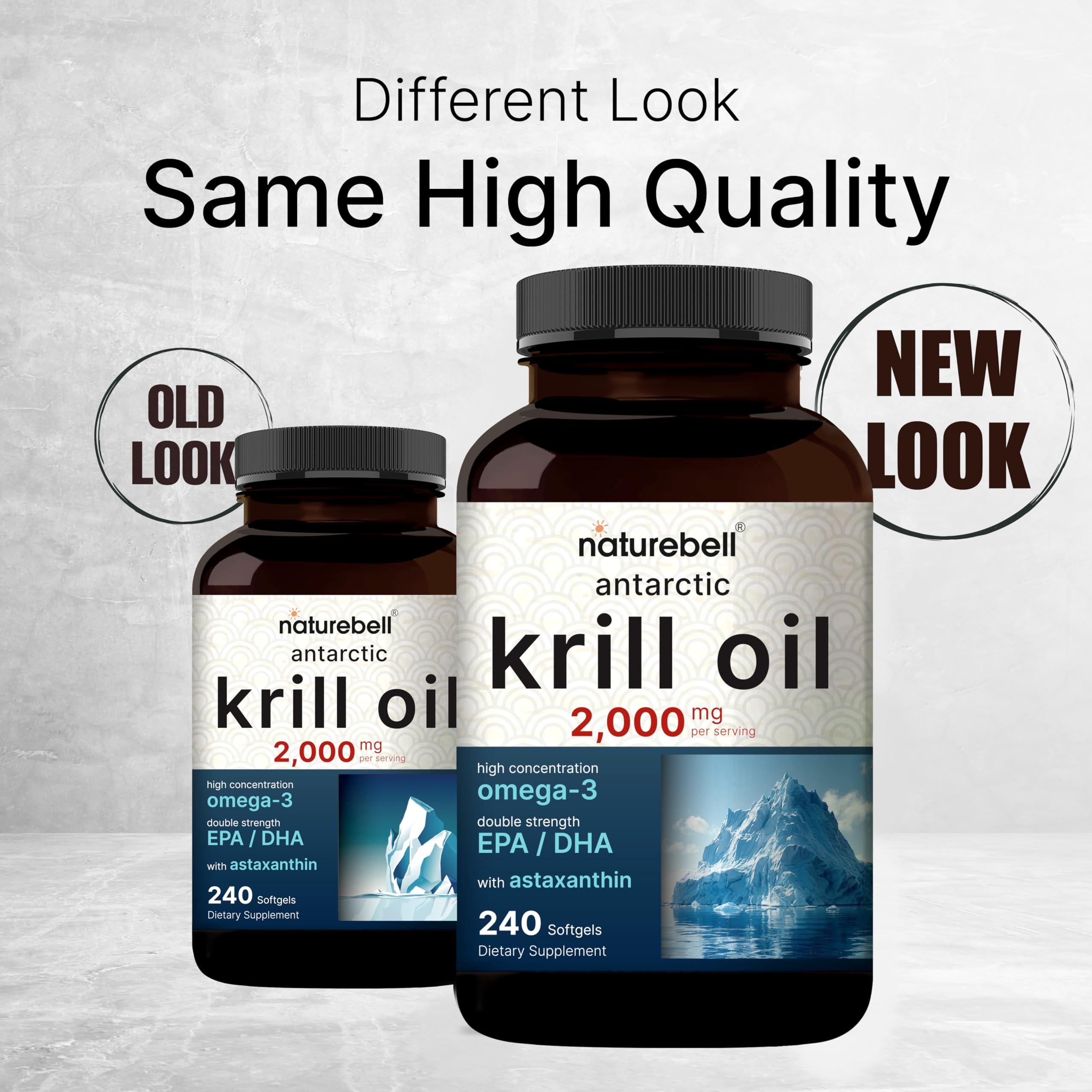 NatureBell Antarctic Krill Oil 2000mg Supplement, 240 Softgels, 3X Strength Natural Source of Omega-3s, EPA 240mg + DHA 160mg + Astaxanthin 800mcg No Fishy Aftertaste Mercury Free & Non-GMO