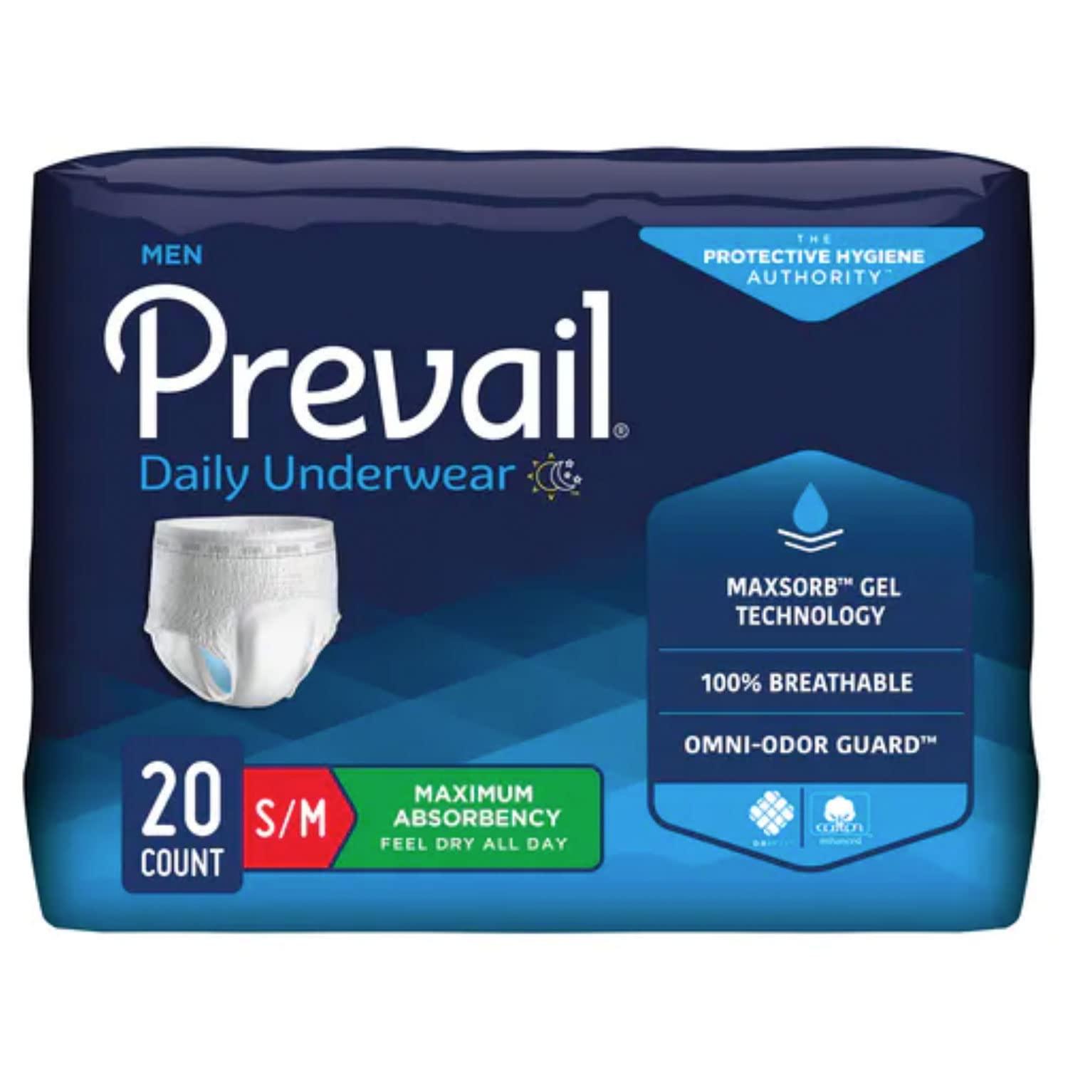DMI Prevail Protective Underwear, Adult Incontinence Underwear, Unisex, Maximum Absorbency, Size Small/Medium, 20 Count
