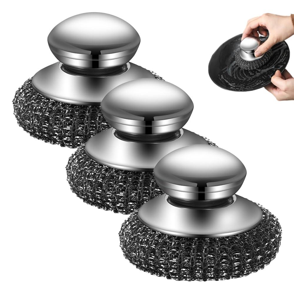 Cecurpo Steel Wool Scrubber, 2024 Upgraded Stainless Steel Wool Scrubber with Handle, Detachable Metal Steel Scrubber Wool Pads for Cleaning Dishes, Iron Pots, Stoves, Wash Sink (3)