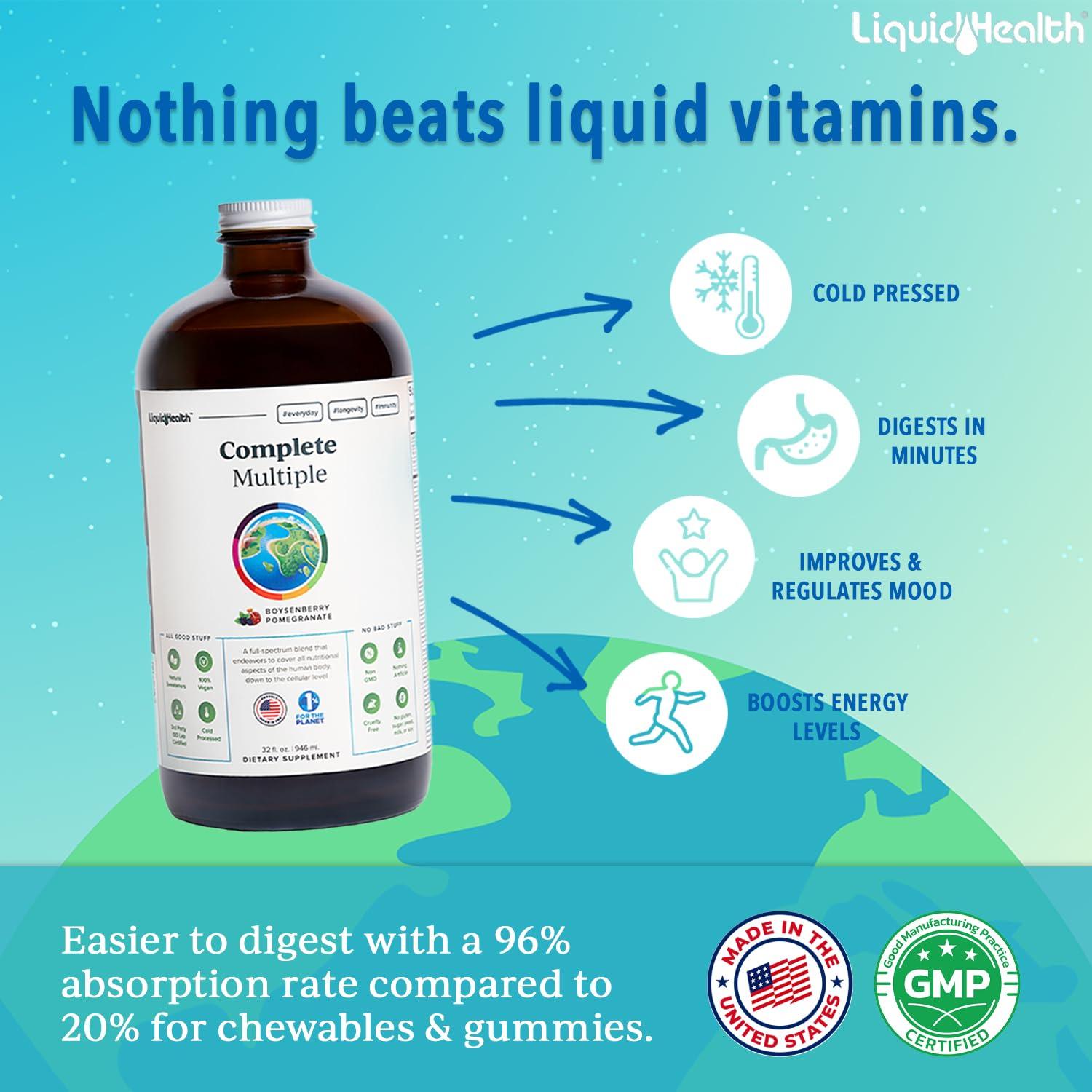 LIQUIDHEALTH LIQUIDHEALTH 32 Oz Liquid Multivitamin for Adult Men & Women - Complete Multiple, Natural Immune Support, Non-GMO, Vegan, Gluten Free, Sugar Free, Minerals, Prebiotic Fiber Vitamins Supplement