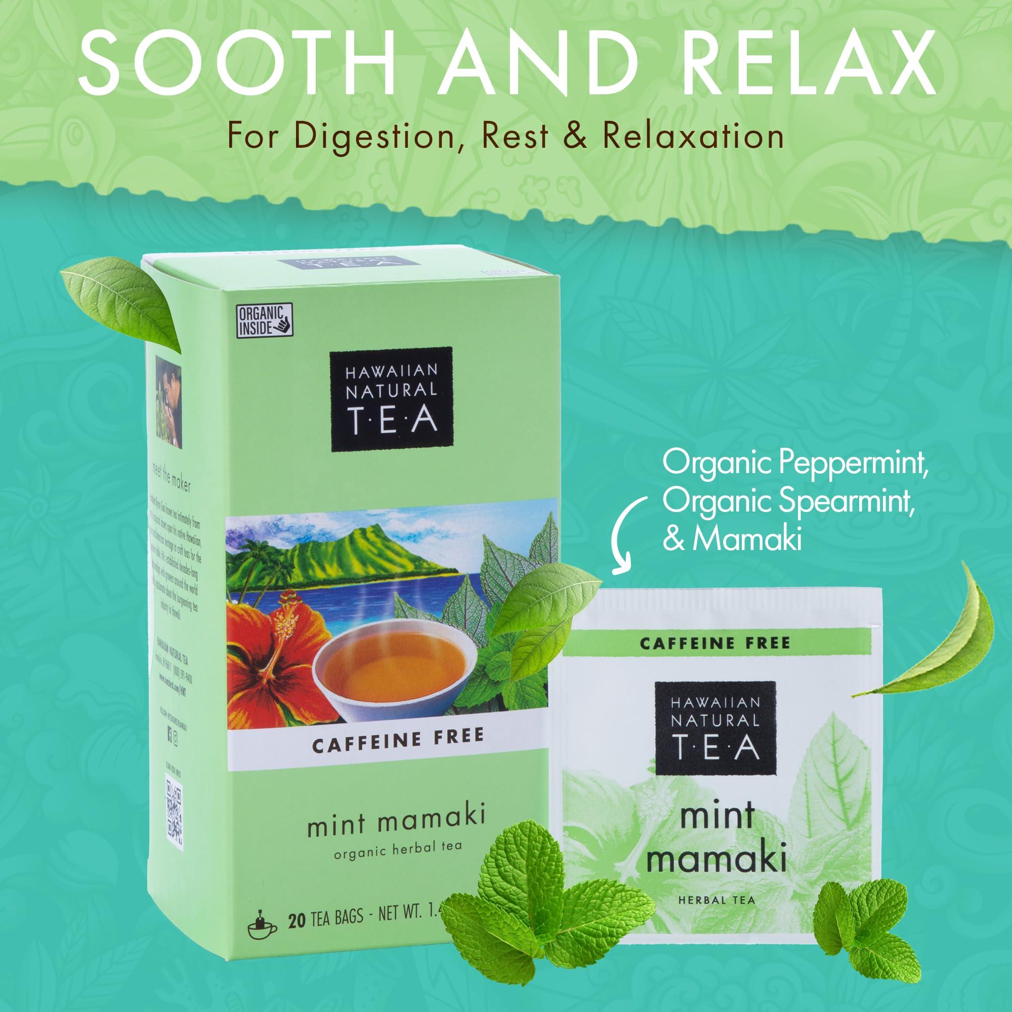 HAWAIIAN NATURAL TEA Hawaiian Natural Tea Organic Mamaki Mint Tea Blend - Caffeine Free Herbal Tea - Antioxidant-Rich, Calming, Wellness Tea for Bedtime, Anxiety & Stress - Gift for Tea Lovers - 20 Tea Bags