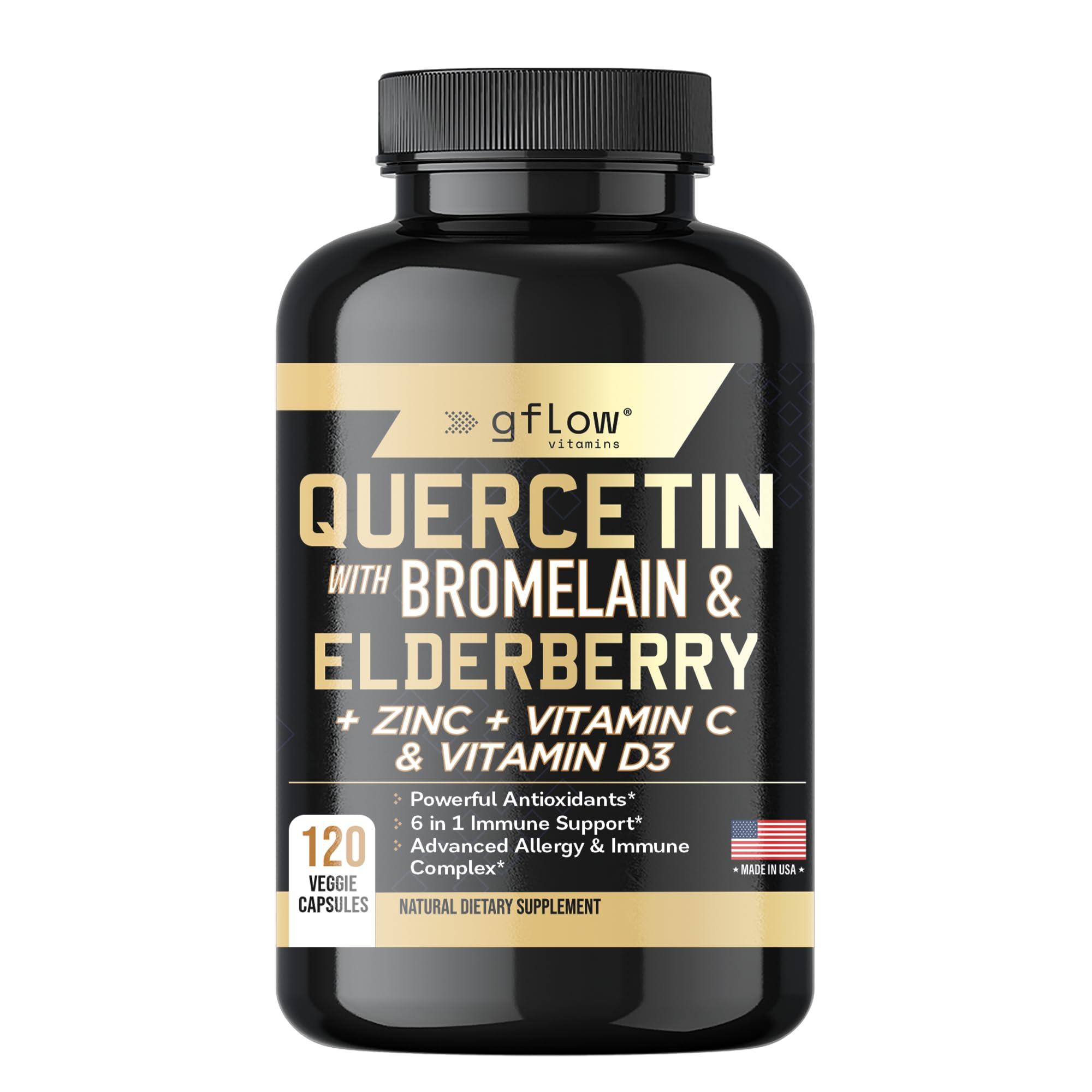 gflow vitamins Quercetin with Vitamin C and Zinc - Quercetin 500mg - Quercetin with Bromelain - Zinc Quercetin - 120 Veggie Caps - Elderberry with zinc and Vitamin c for Adults (Non-GMO, Vegan) 2 Months Supply