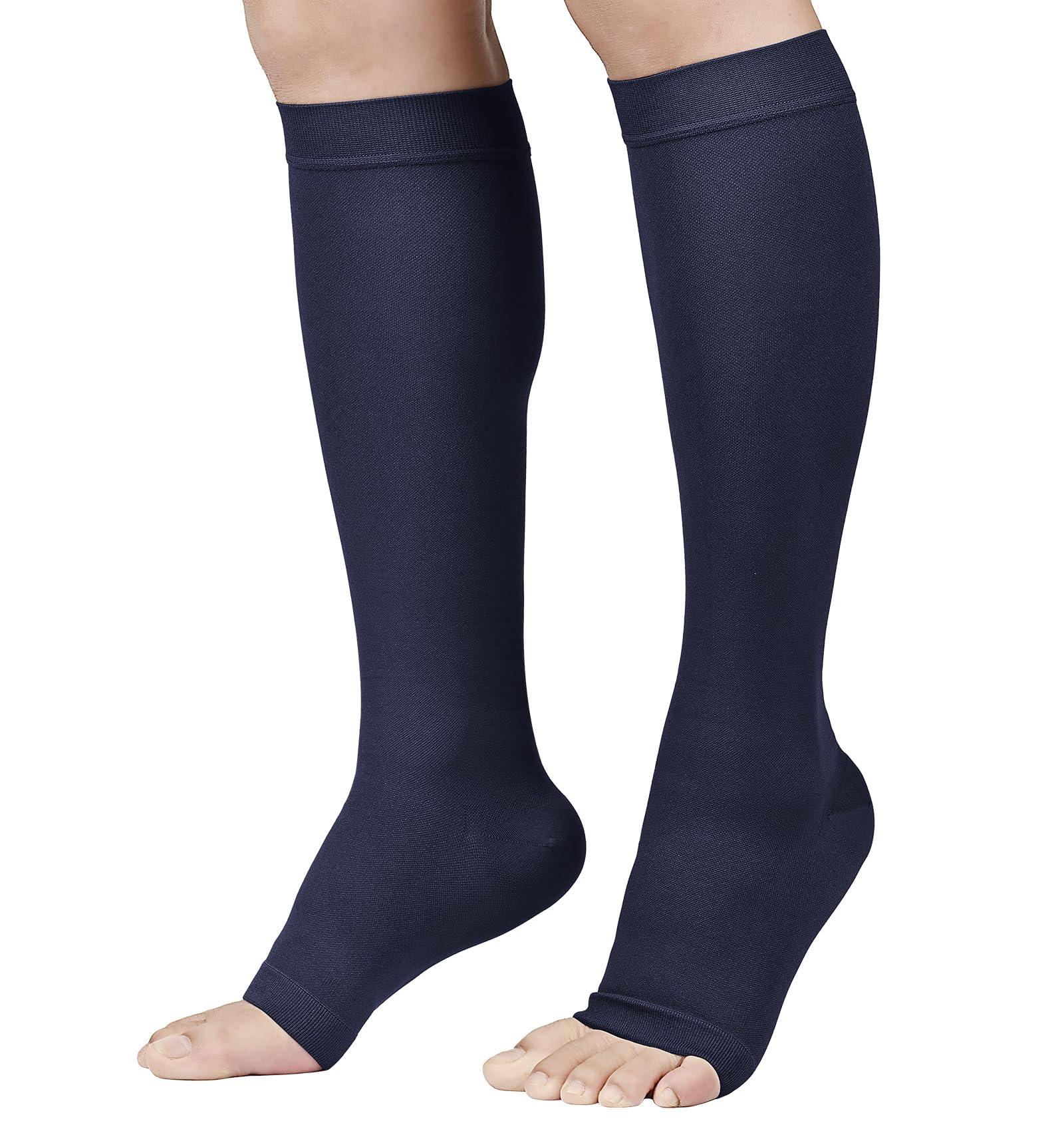 MGANG MGANG 20-30 mmHg Compression Stocking for Men and Women, Medical Compression Socks, Knee High Length, Open Toe, for DVT, Varicose Veins, Relief Shin Splints, Edema, Navy Blue X-Large