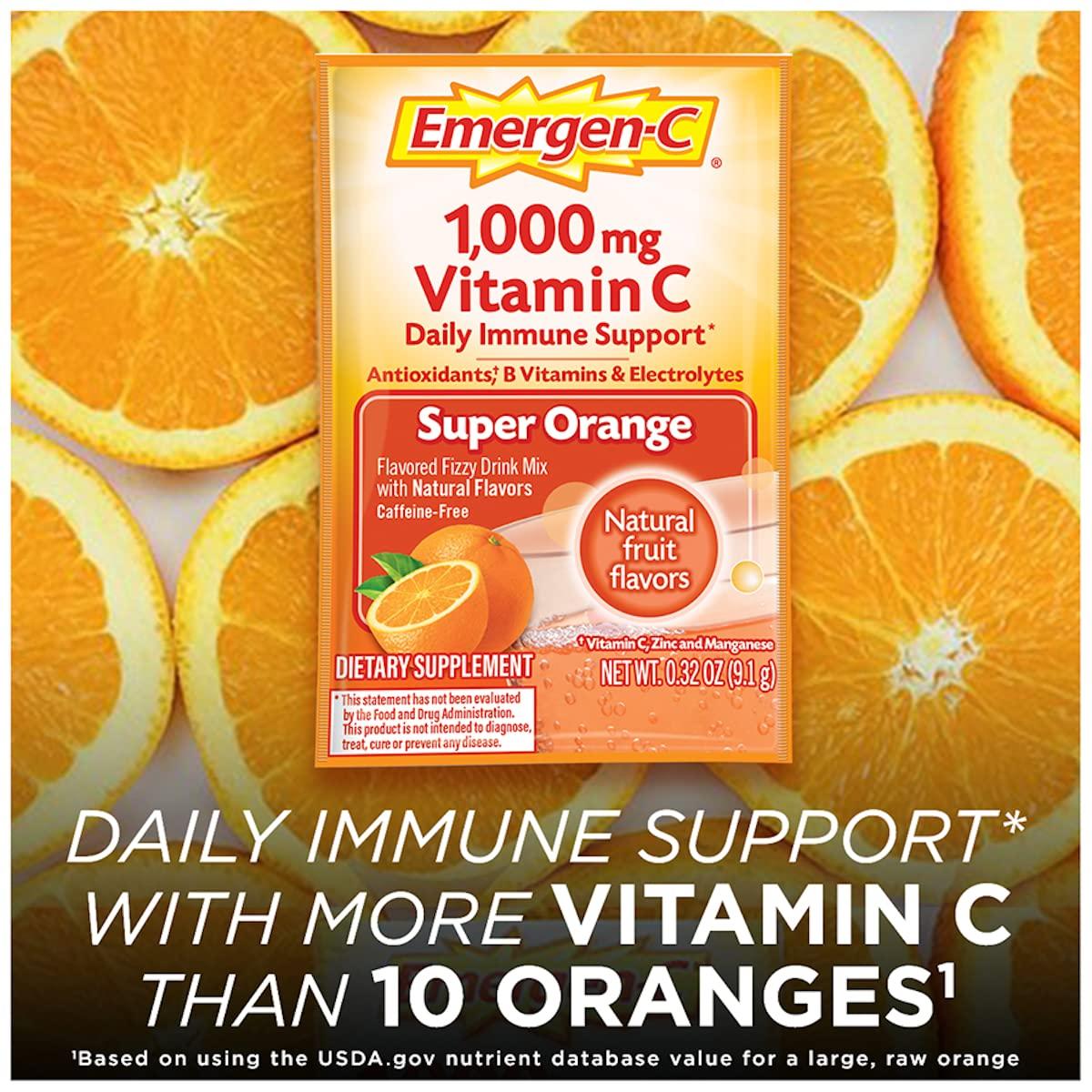 Emergen-C Emergen-C 1000mg Vitamin C Powder for Daily Immune Support Caffeine Free Vitamin C Supplements with Zinc and Manganese, B Vitamins and Electrolytes, Super Orange Flavor - 30 Count
