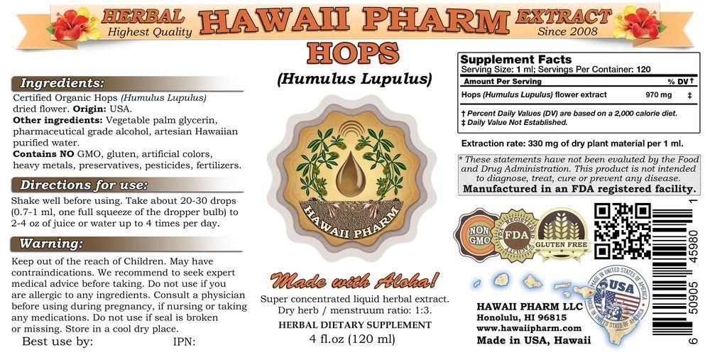 HawaiiPharm Hops Liquid Extract, Organic Hops (Humulus Lupulus) Tincture Supplement 2x4 oz