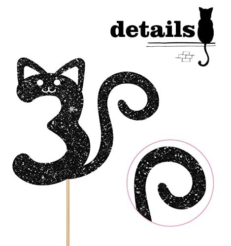 MINUET MINUTE Cat Three Cake Topper, Number 3 Cake Topper for Baby Girl, Kitty Happy 3rd Birthday Party Supplies, Pet Cat Three Year Old Party Decoration - Black Glitter