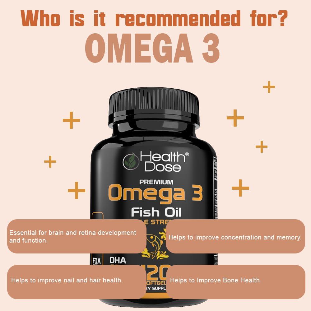 Health Dose Health Dose Omega 3 Fish Oil  Lemon-Flavored Softgels with EPA & DHA for Brain, Heart, and Wellness Support  Easy-to-Digest, No Fish Burps  120 Softgels, 2-Month Supply
