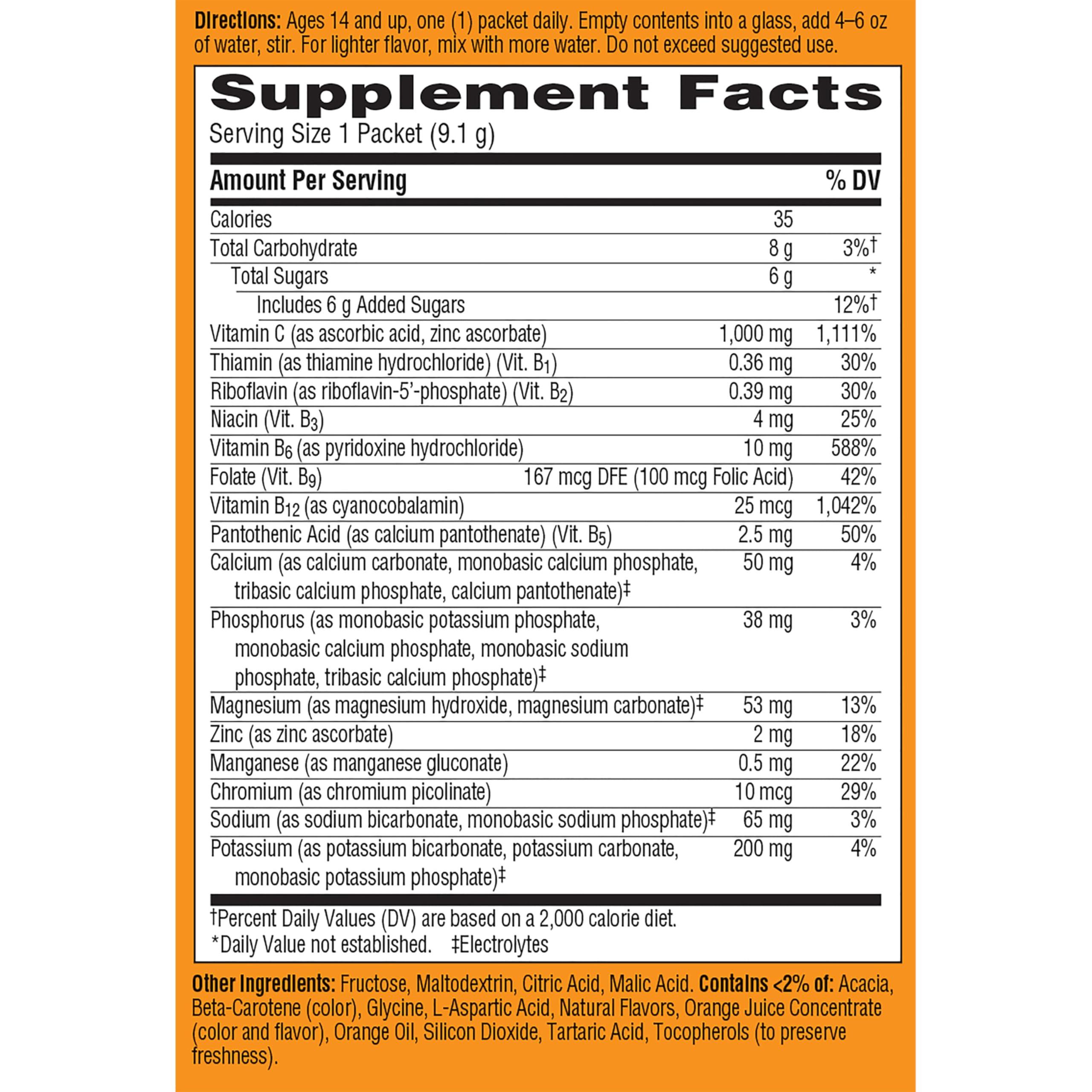 Emergen-C Emergen-C 1000mg Vitamin C Powder for Daily Immune Support Caffeine Free Vitamin C Supplements with Zinc and Manganese, B Vitamins and Electrolytes, Super Orange Flavor - 10 Count