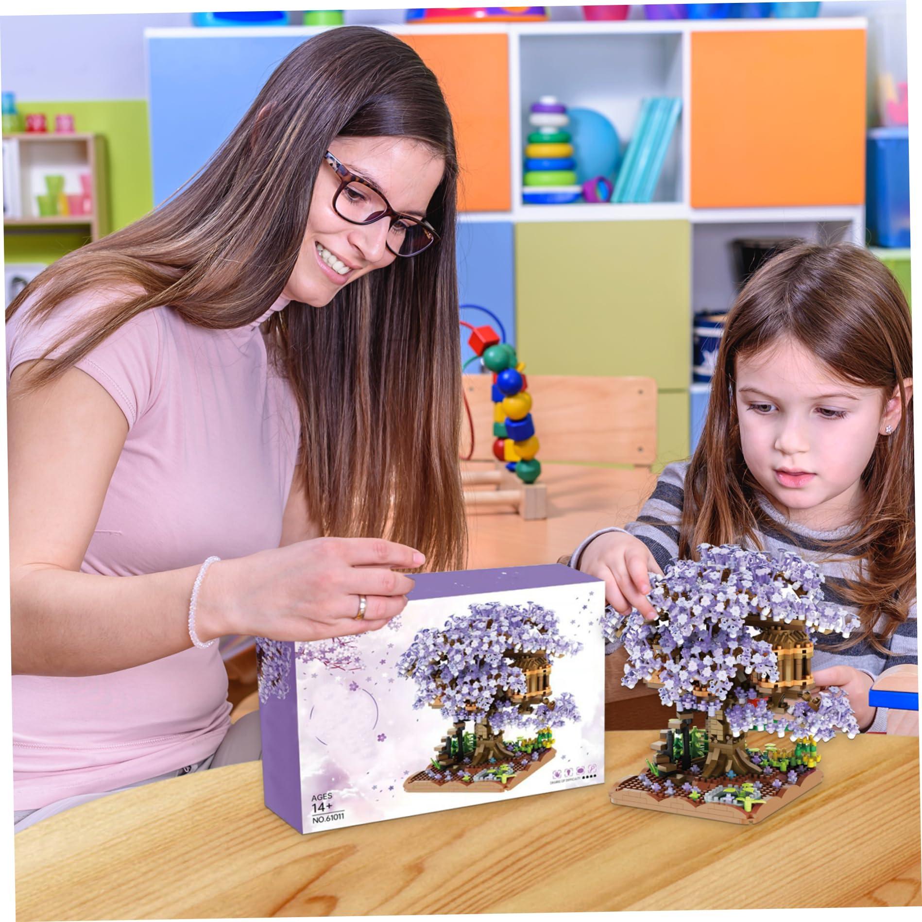 CurcKua Cherry Blossom Tree House Plastic Cherry Bonsai Tree Assembled Cute Sakura Tree DIY Mini Building Blocks Sets Cherry Blossom Tree Sakura Bonsai Tree for Adults, 14+ Teens (Without Light) Purple