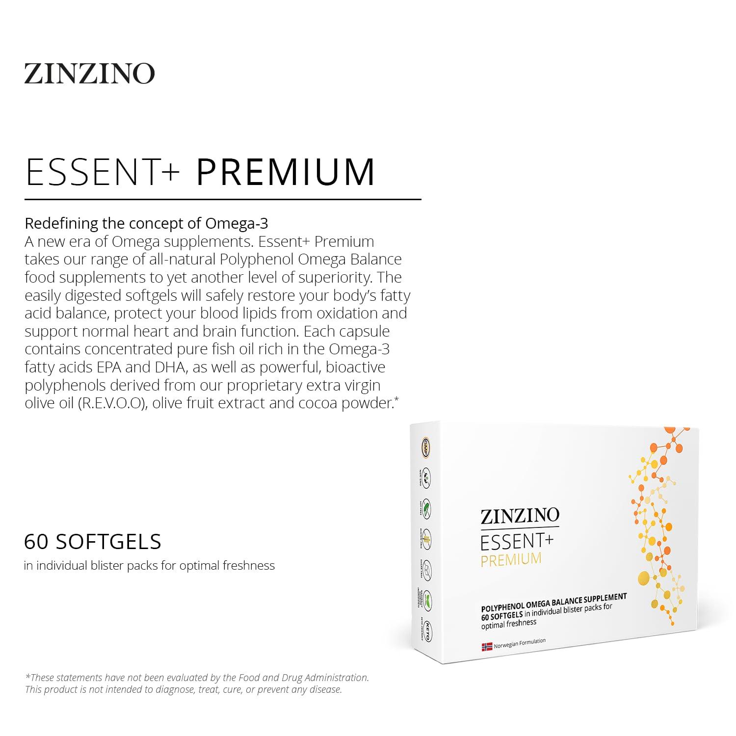 ZINZINO Zinzino - Essent+ Premium, Advanced Polyphenol Omega Balance with Fish Oil, Glycerin, Cold-Pressed Extra Virgin Olive Oil, Vitamin D - 60 Softgels