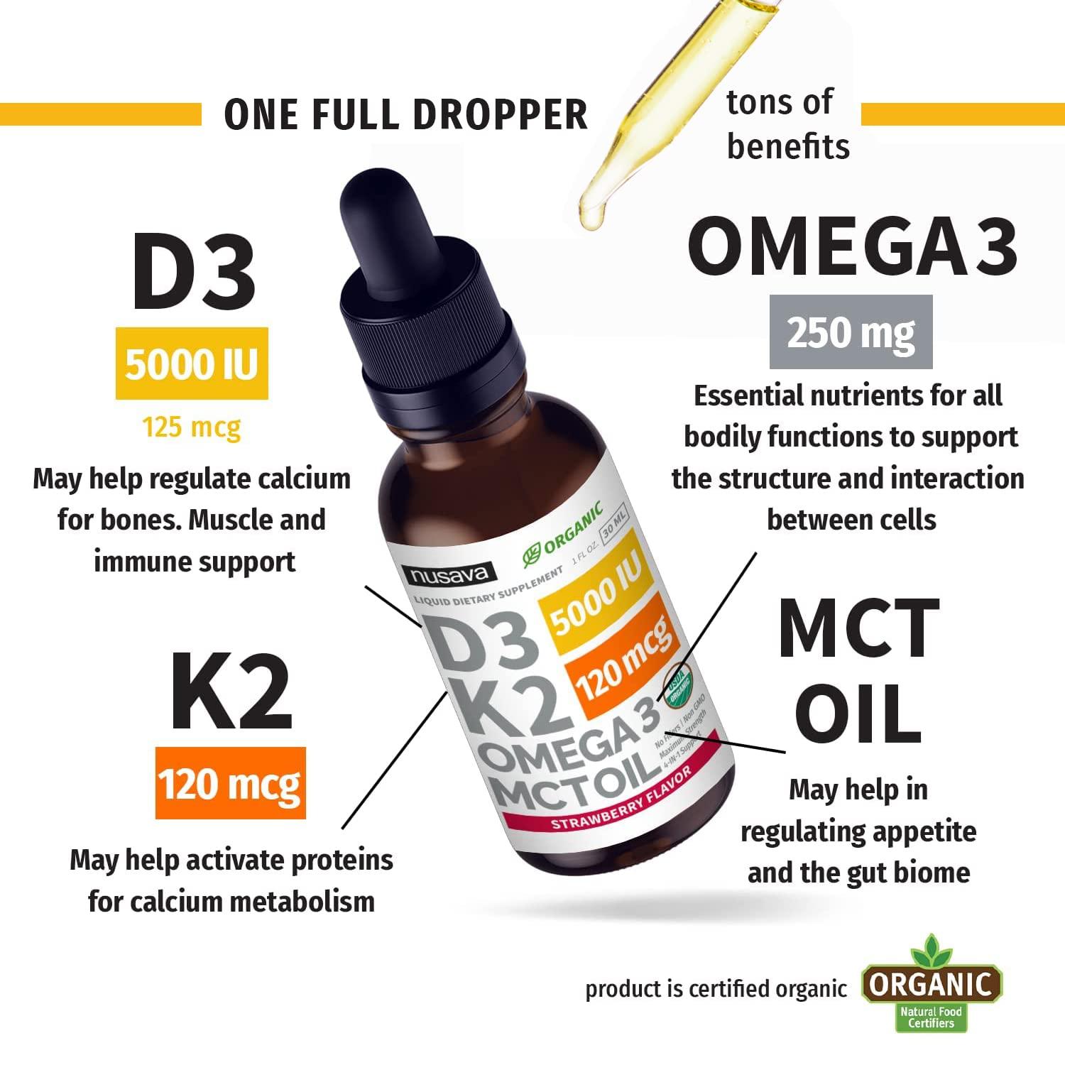 NUSAVA (2 Pack) Organic Vitamin D3 K2 Drops 5000 IU with MCT Oil Omega 3 - Maximum Strength Liquid D3 with No Fillers, Non-GMO for Faster Absorption, Immune Support (Strawberry, 2 Fl Oz)