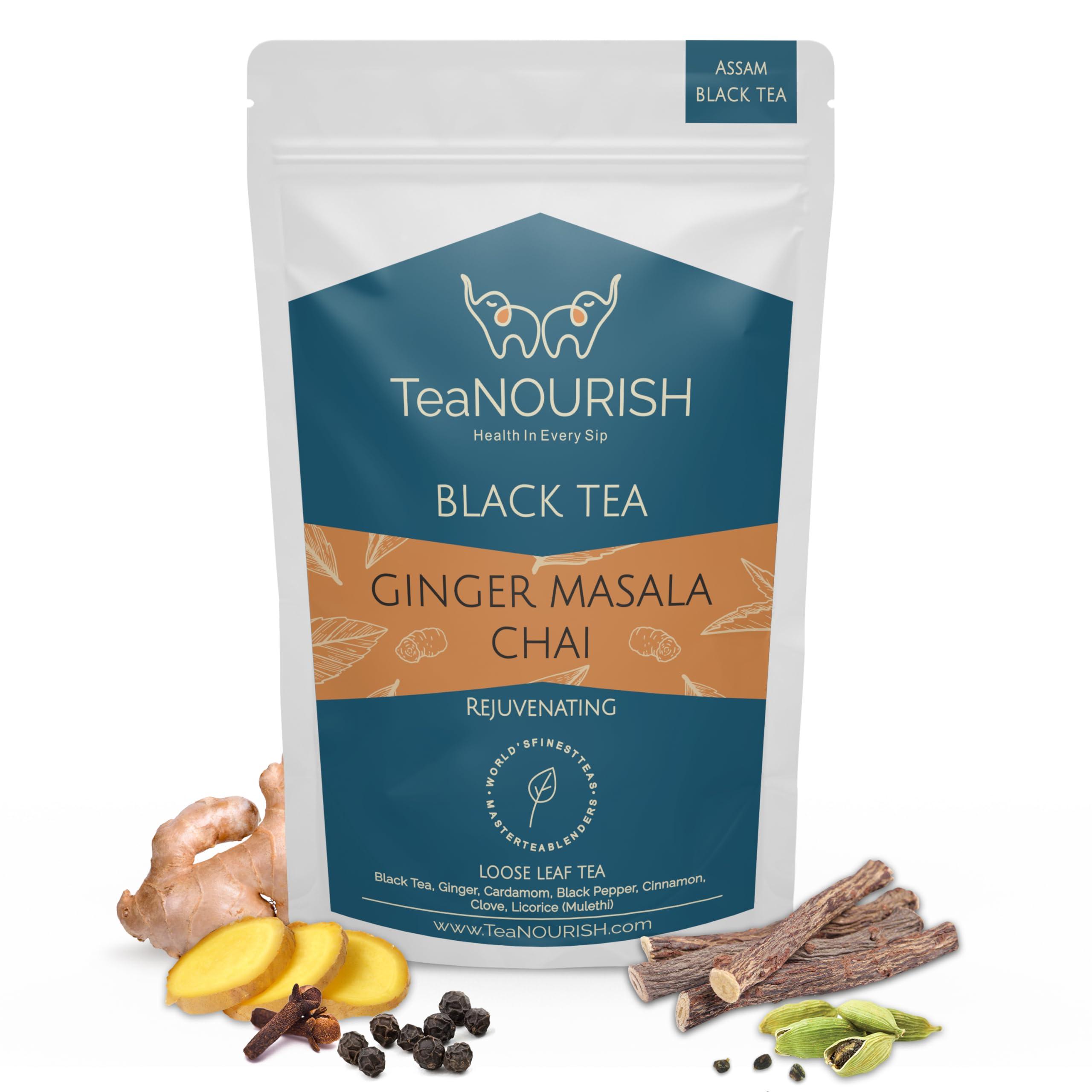 TEANOURISH TeaNOURISH Ginger Masala Chai Tea | Assam CTC Loose Black Tea | Blended with Authentic Indian Spices | Indian Ginger Tea | 100% NATURAL INGREDIENTS - 3.53oz/100g