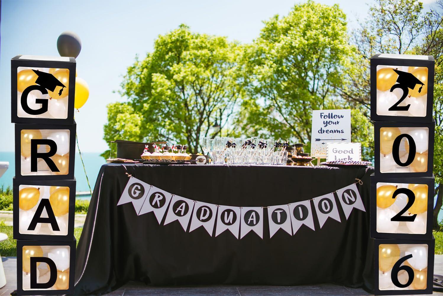 JUICYRAUL 2025 2026 Graduation Party Decorations Graduate Balloon Boxes, 4 Pieces Black Balloon Boxes with Letters of GRAD, 2025 2026 for Graduation Party Supplies, Class of 2026 School Grad Party Supplies