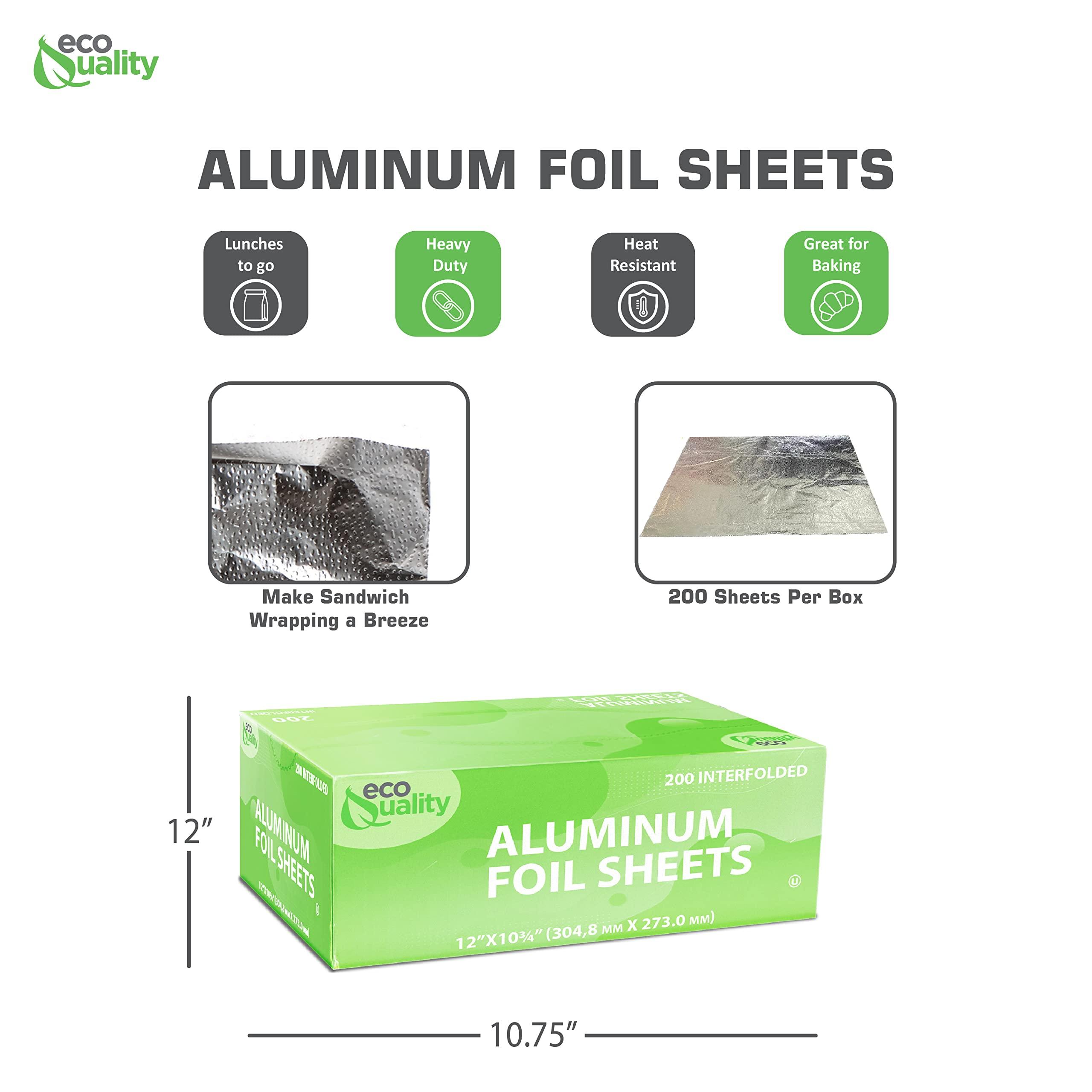 EcoQuality Premium Silver Aluminum Foil Sheets Pre Cut Pop Up, 12" x 10.75" - For Restaurants, Lunch, Takeout, To Go, Lunch bag, Sandwich, Catering, Kitchen, Grill, Stove, Baking, Disposable (10)