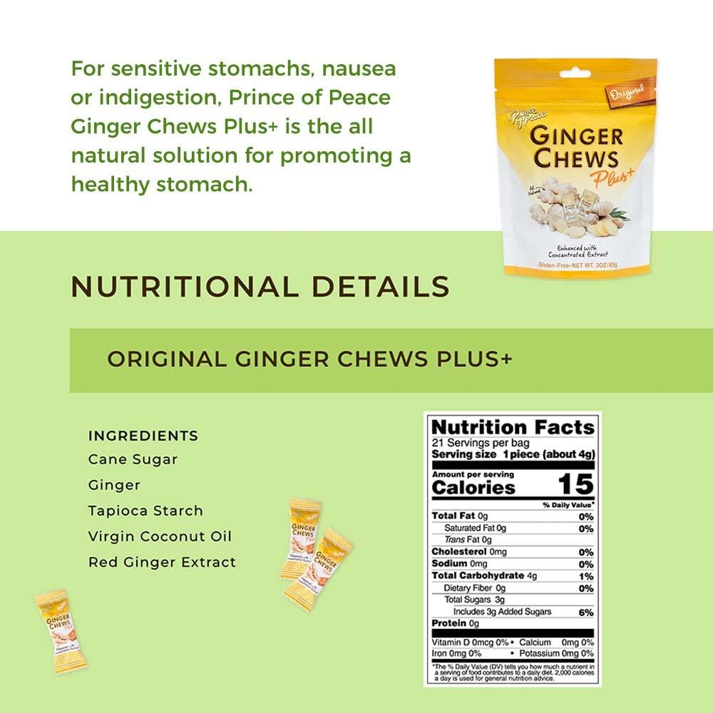 Prince Of Peace Prince Of Peace Ginger Chew Plus+ Original, 3 oz. Bag Digestive Aid, Relief, Healthy Candy, Stomach Aid