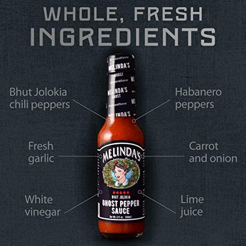 Melinda's Melinda’s Ghost Pepper Hot Sauce - Gourmet Extra Spicy Hot Sauce - Made with Fresh Ingredients, Ghost Peppers (Bhut Jolokia), Habanero Pepper, Carrot, Garlic, Lime Juice - 5oz, 4 Pack