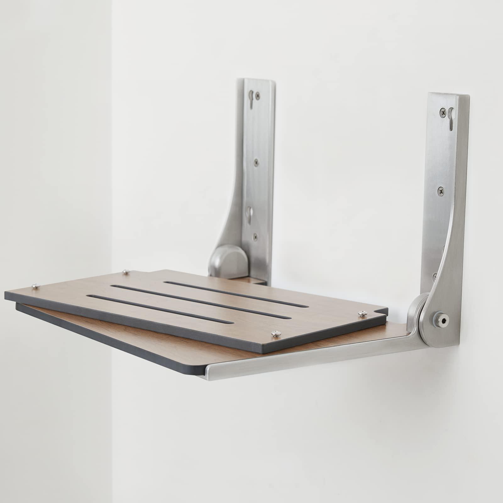 Seachrome Seachrome Silhouette Folding Wall Mount Shower Bench Seat, Rustic Teak Seat with Silver Frame (SHAF-185155-PRTS-S-SL)