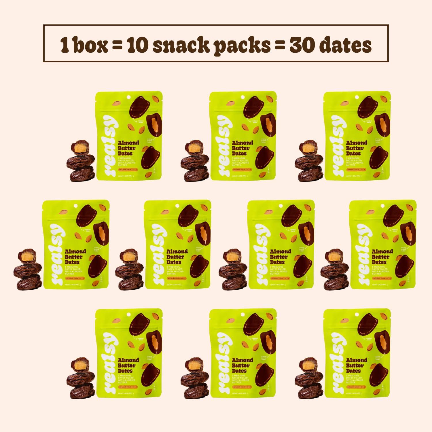 realsy Realsy Almond Butter Filled Medjool Dates, Organic Dates with No Sugar Added, Gluten-Free, Vegan, Good Source of Fiber, Low Glycemic Index, All Natural Healthy Snack, (10 Pack)