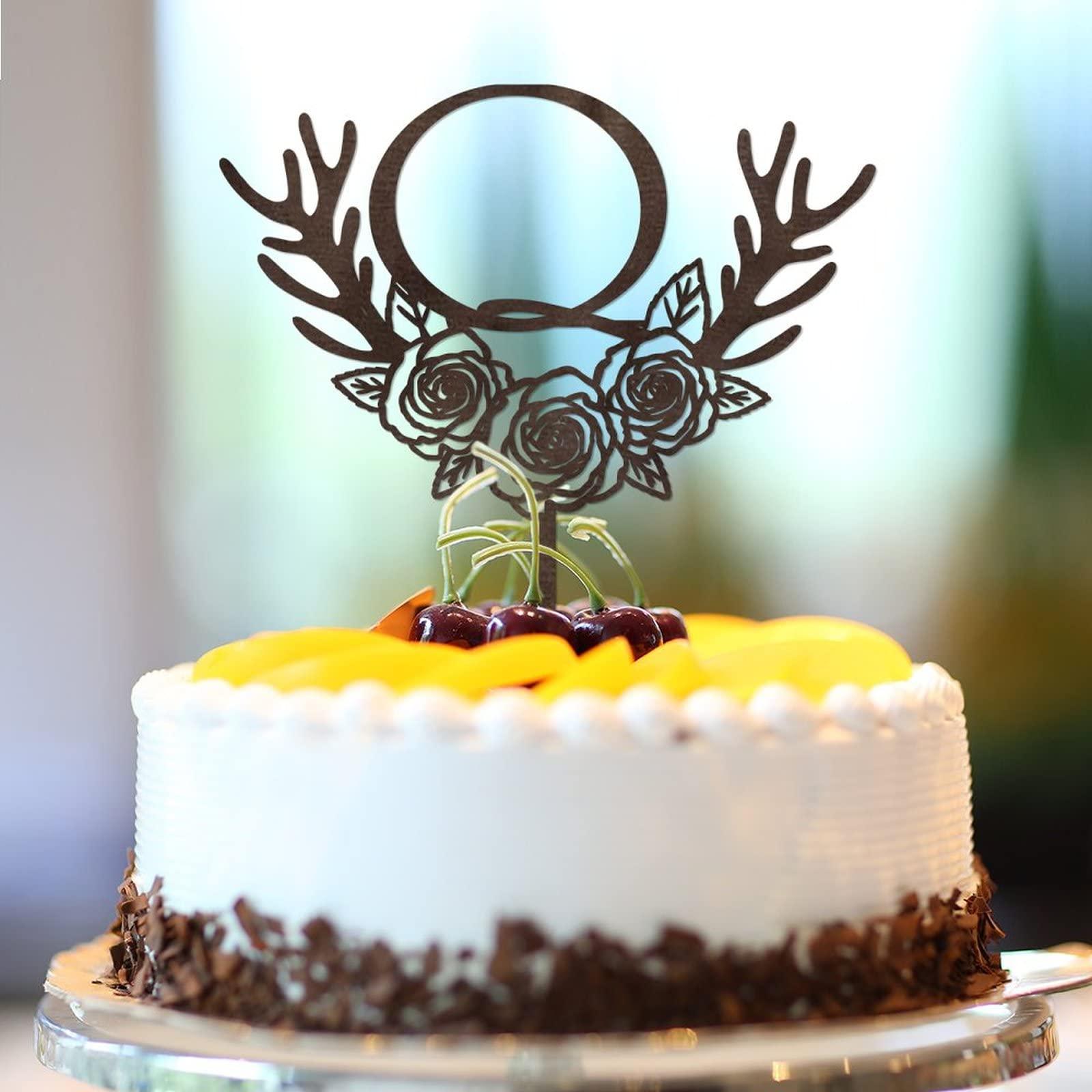 Vinisong Initials Q Cake Toppers, Vinisong Letter Cake Topper Brown Wood Wreath Cake Decorations Monogram Cake Topper Rustic Wedding Cake Decor(Q,Design 11)