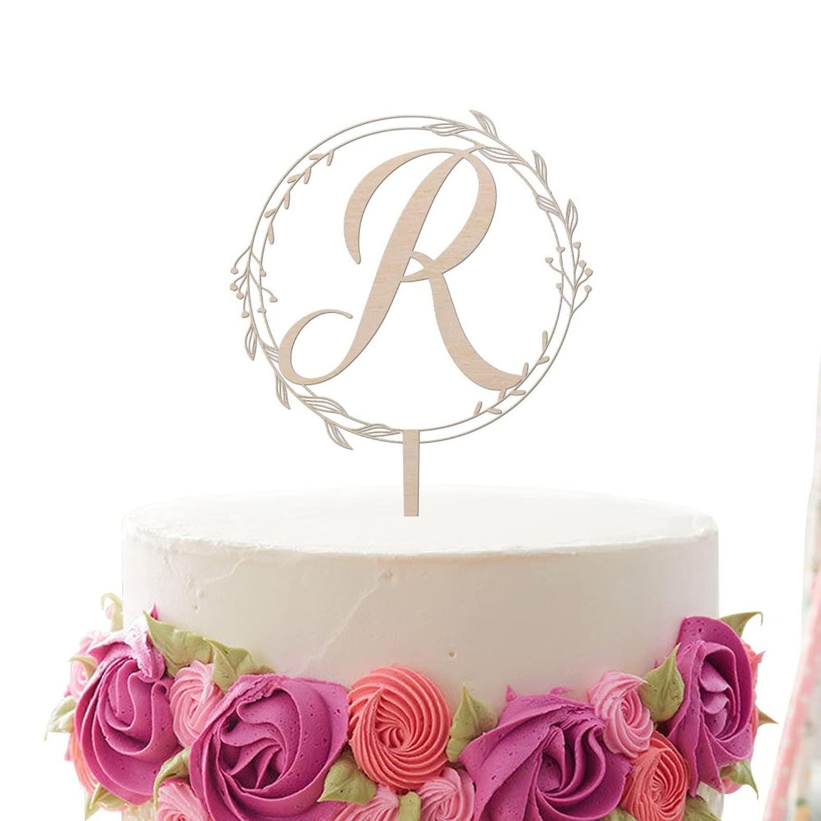 JuneLucky JuneLucky Initial Letter R Wedding Cake Topper Rustic Wood,Personalized Alphabet Letters Cake Toppers,Custom Monogram Wedding Cake Topper for Mrs & Mrs,Funny Birthday Cake Topper,Party Supplies