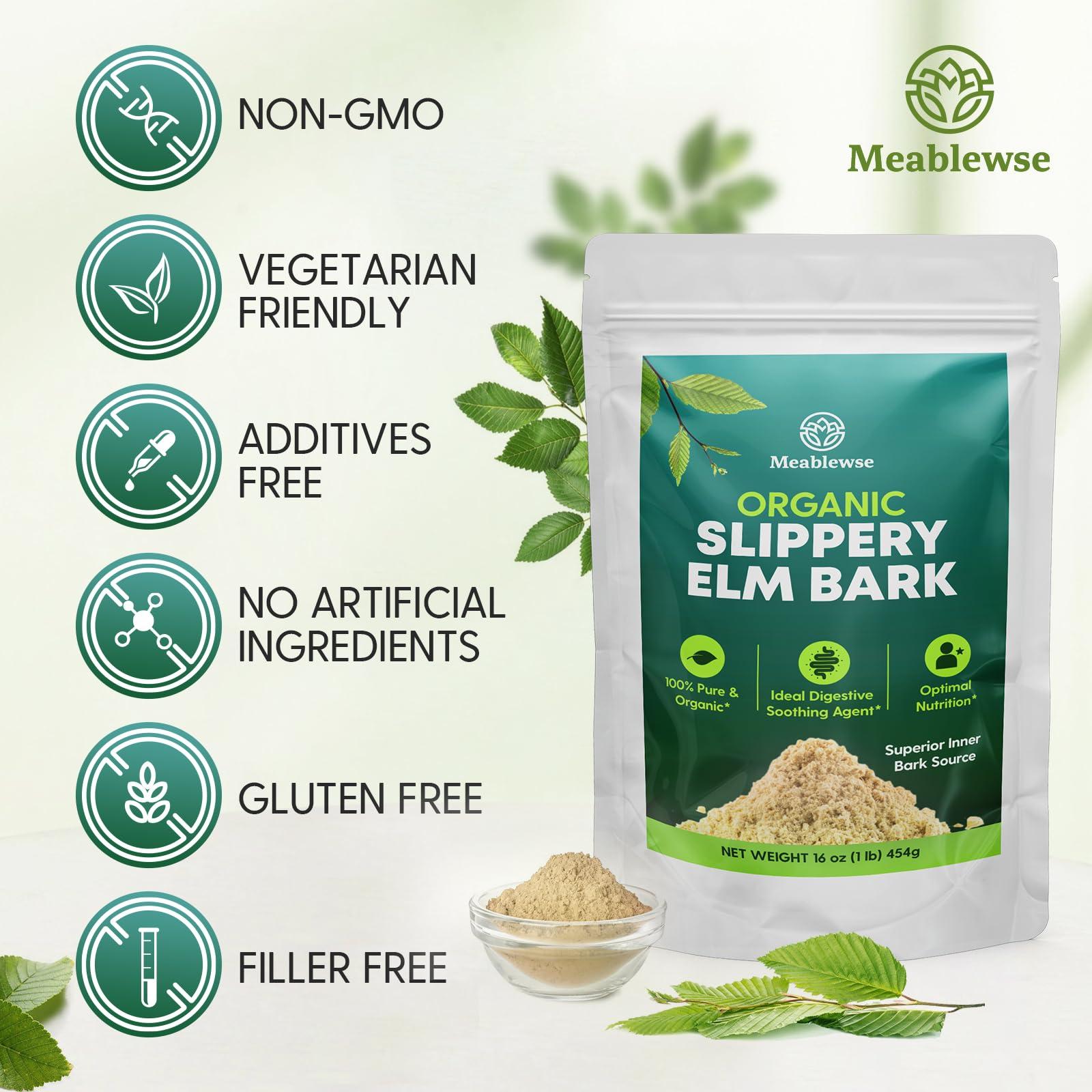 Meablewse Slippery Elm, with Superior Inner Bark Source, Slippery Elm Bark Natural Herb for Soothing Throat* & Digestive, Diarrhea, Gut Health, 100% Pure & Vegan, Non-GMO, Made in The USA, 1 lb (349 Serving)