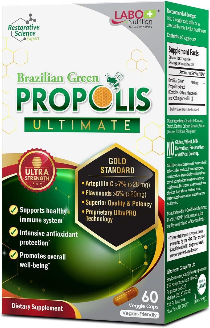 LABO Nutrition LABO Nutrition Brazilian Green Propolis Ultimate - Contains >7% or 28mg/Serving Artepillin C & >5% Flavonoids, for Immune & Brain Support, Natural, High Concentrate & Premium, 60 Veg Capsulesx3