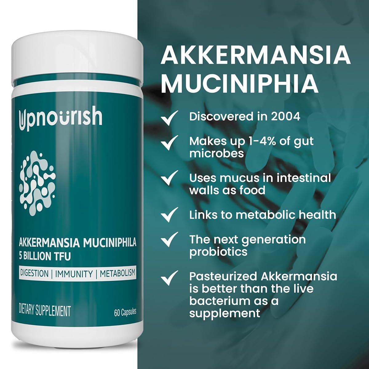 UpNourish Akkermansia Muciniphila Probiotics for Digestive Health - 5 Billion TFU Akkermansia Probiotic for Leaky Gut Repair and Immunity, Prebiotics and Probiotics for Women and Men, 60 Vegan Capsules