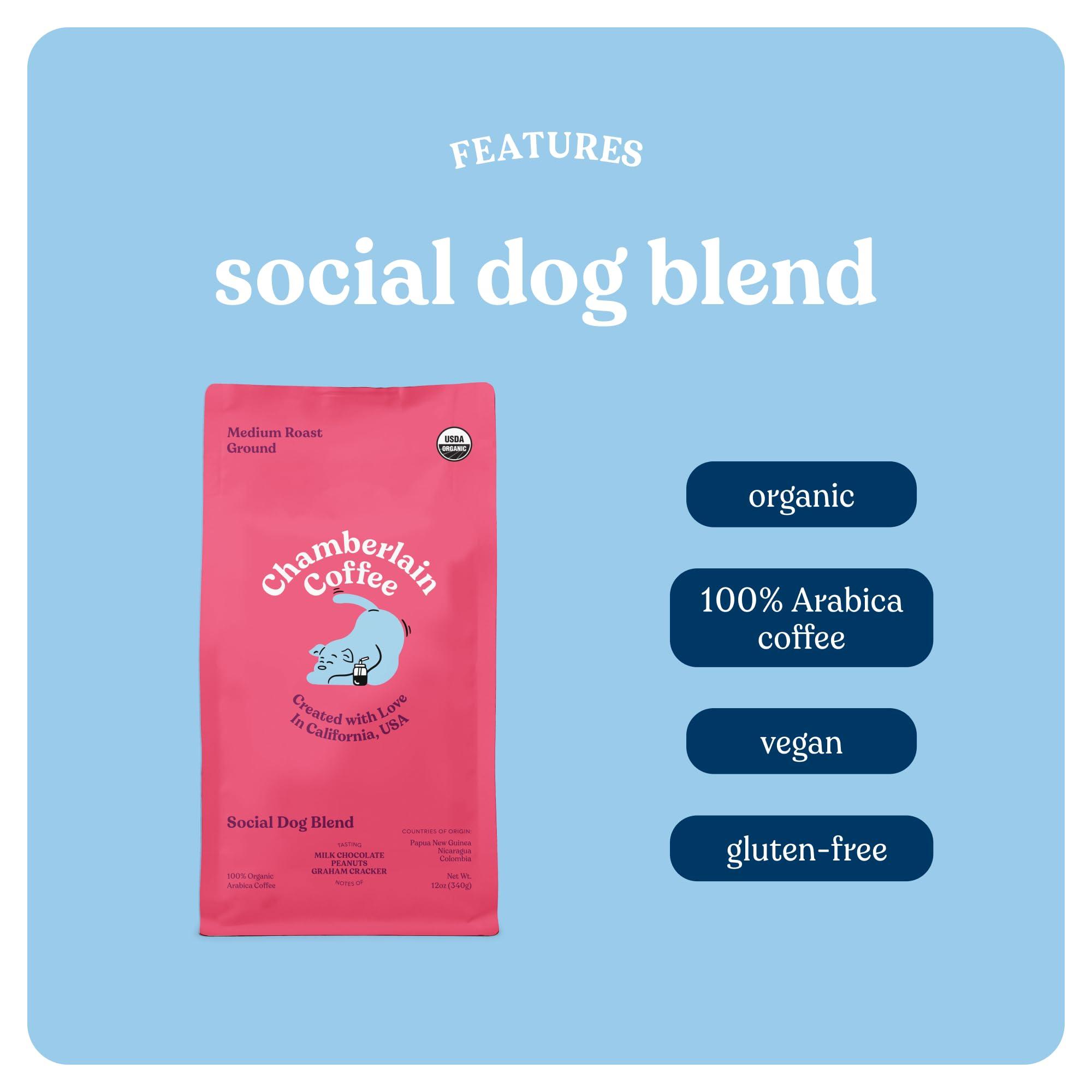 Chamberlain Coffee Chamberlain Coffee Social Dog Blend - Full Bodied, Medium Roast Coffee Beans with Notes of Milk Chocolate, Peanuts, Brown Sugar & Graham Crackers - Whole Bean Specialty Coffee Freshly Roasted In California - 12 oz