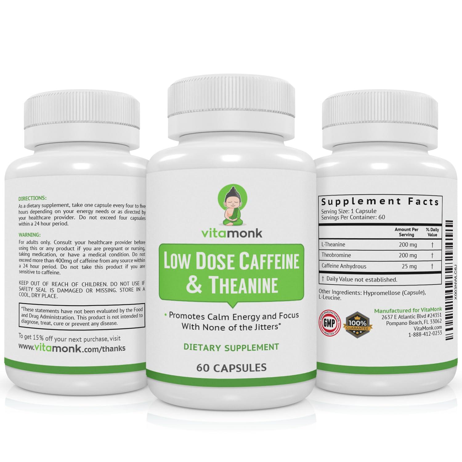 VitaMonk VitaMonk Low Dose Caffeine and Theanine - No Jitters, No Crash- Microdose of Caffeine L Theanine Pills with Caffeine Theanine and Theobromine - 25mg of Caffeine, Caffeine Pills L Theanine - 60 Caps